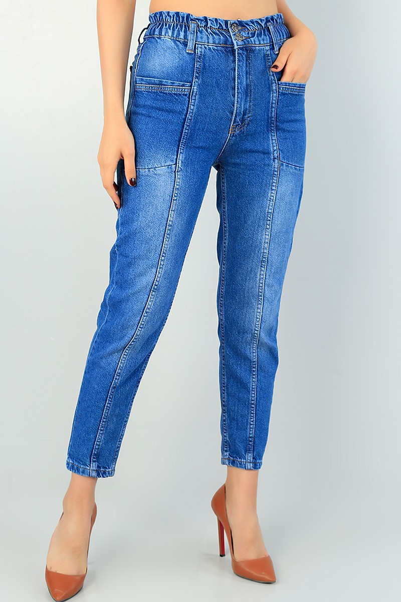 Mavi Beli Lastikli Mom Bayan Kot Pantolon 68604