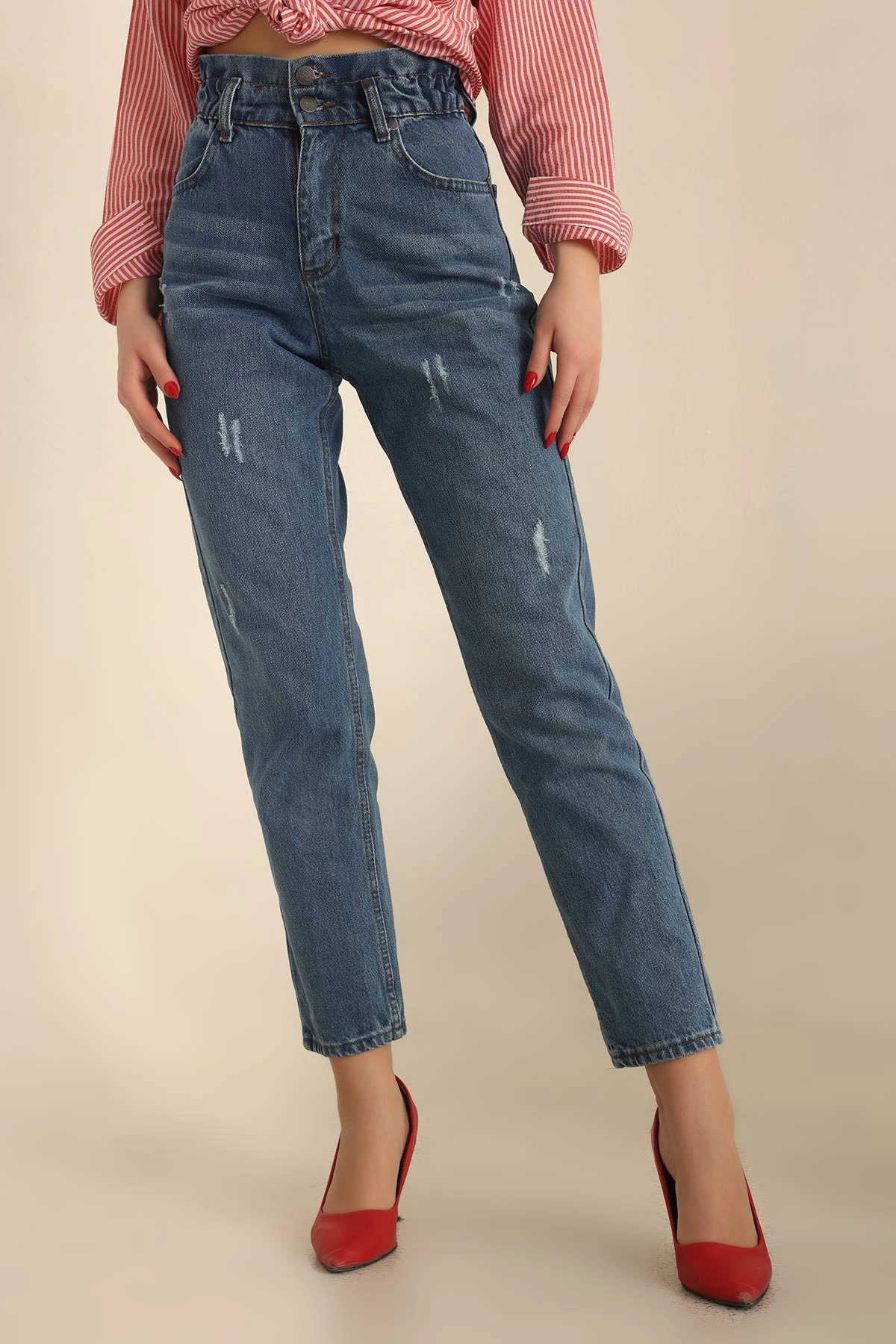 Mavi Beli Lastikli Mom Kot Pantolon 230695