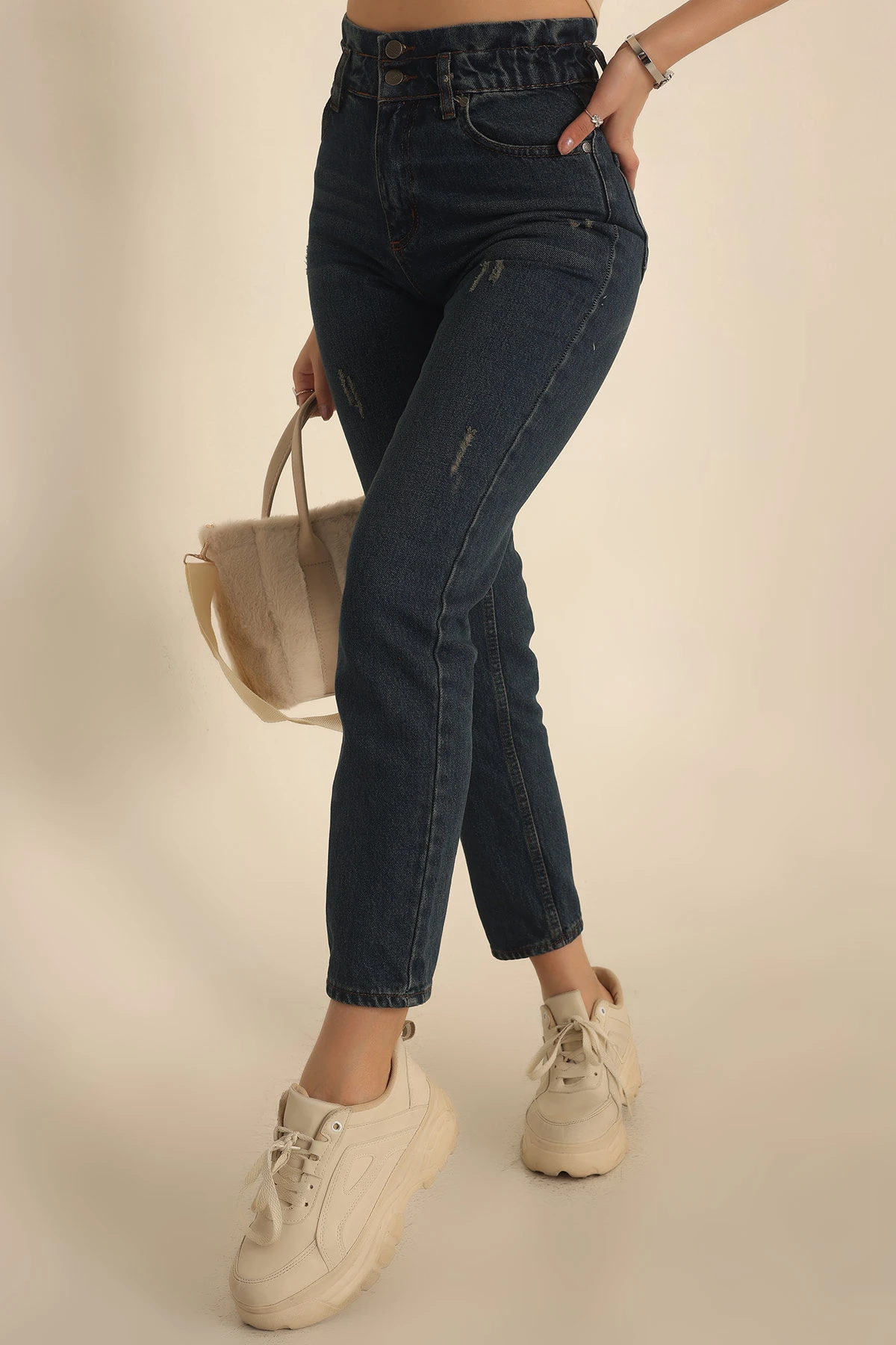 Mavi Beli Lastikli Mom Kot Pantolon 230697