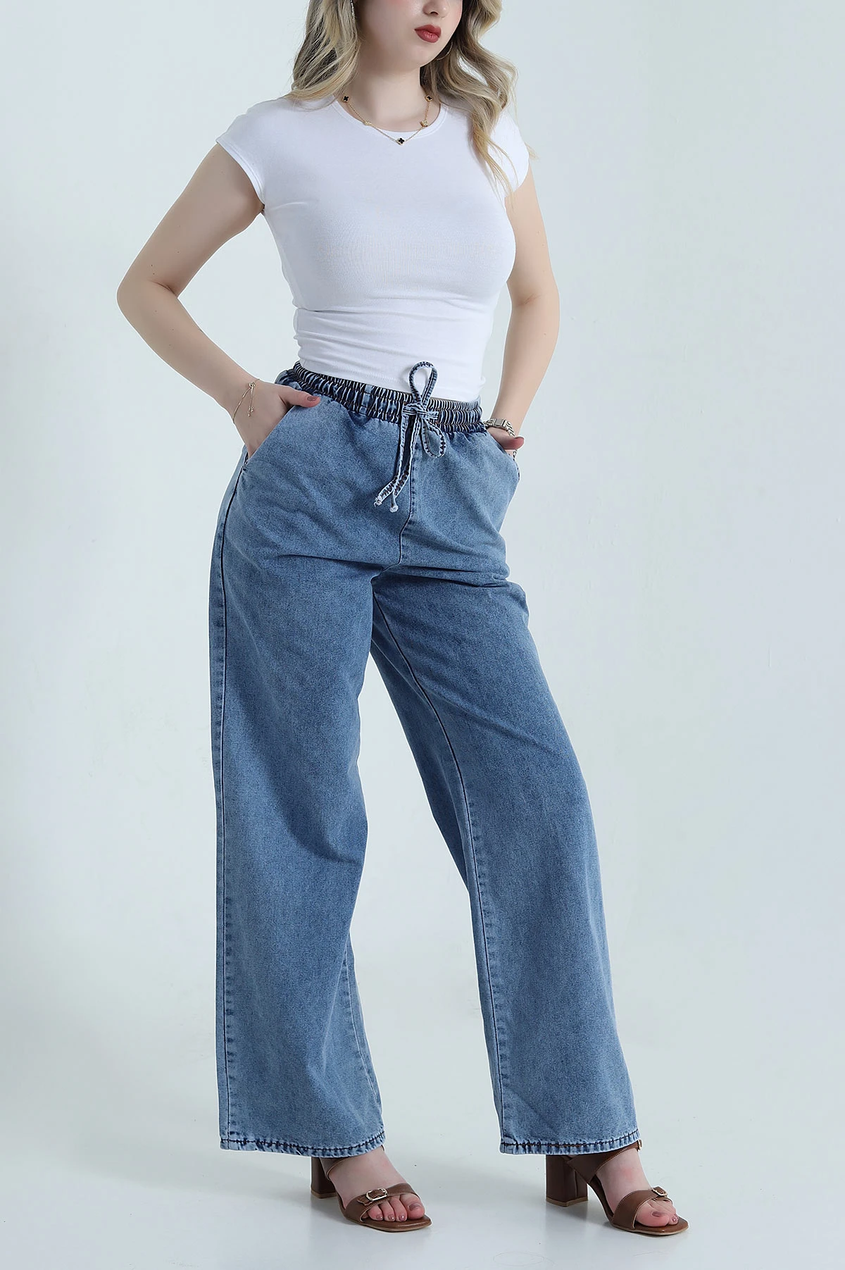 Mavi Beli Lastikli Tensel Kot Kadın Pantolon 456996
