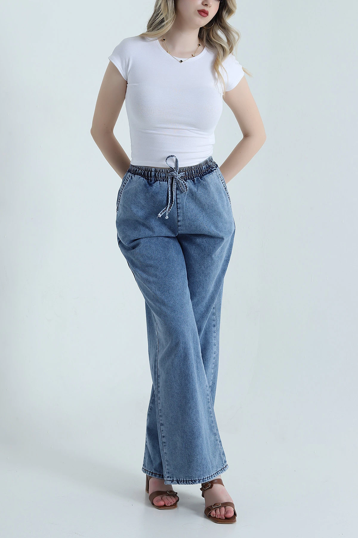 Mavi Beli Lastikli Tensel Kot Kadın Pantolon 456996
