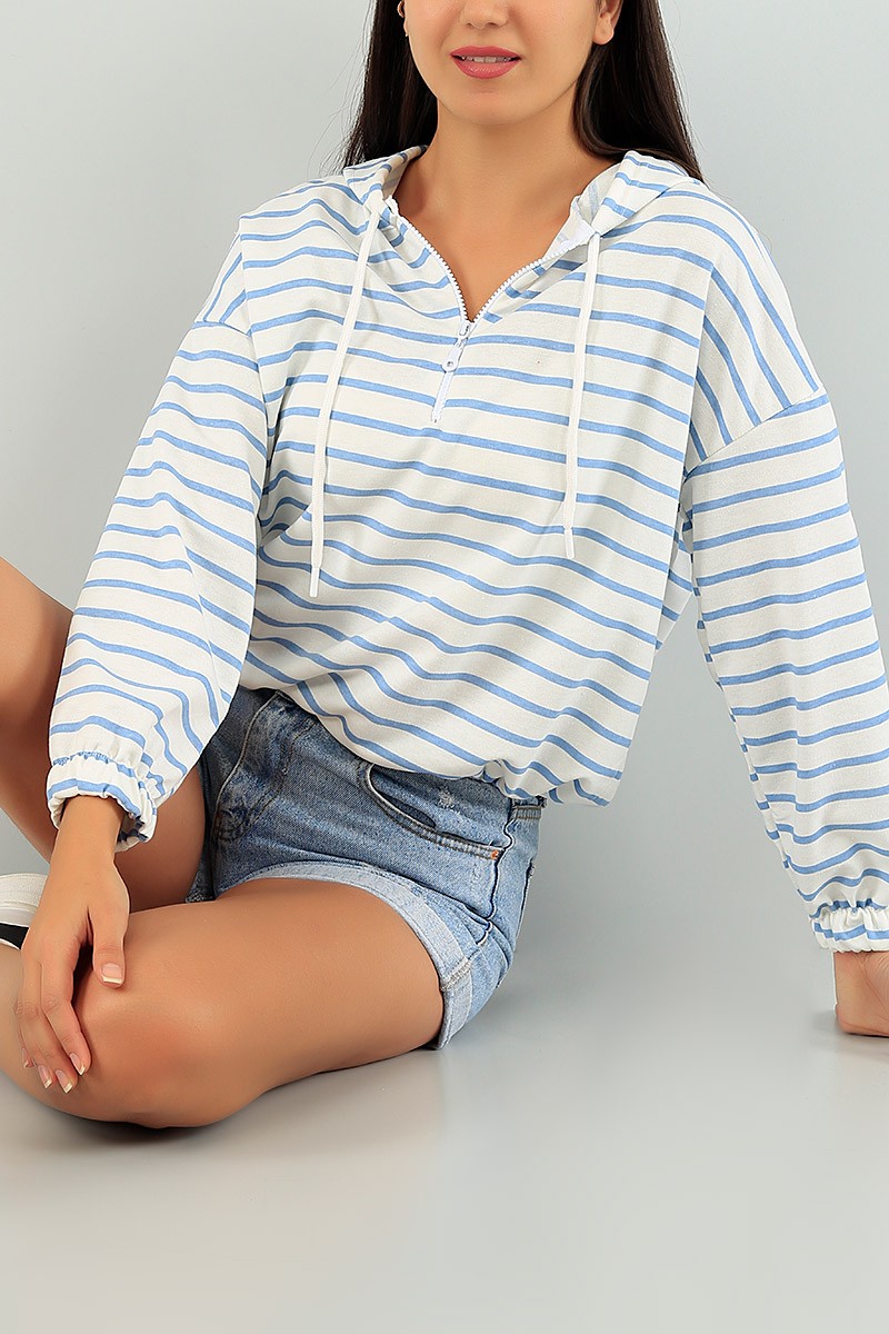 Mavi Beli Sıkmalı Bayan Yarım Fermuarlı Sweat 74504