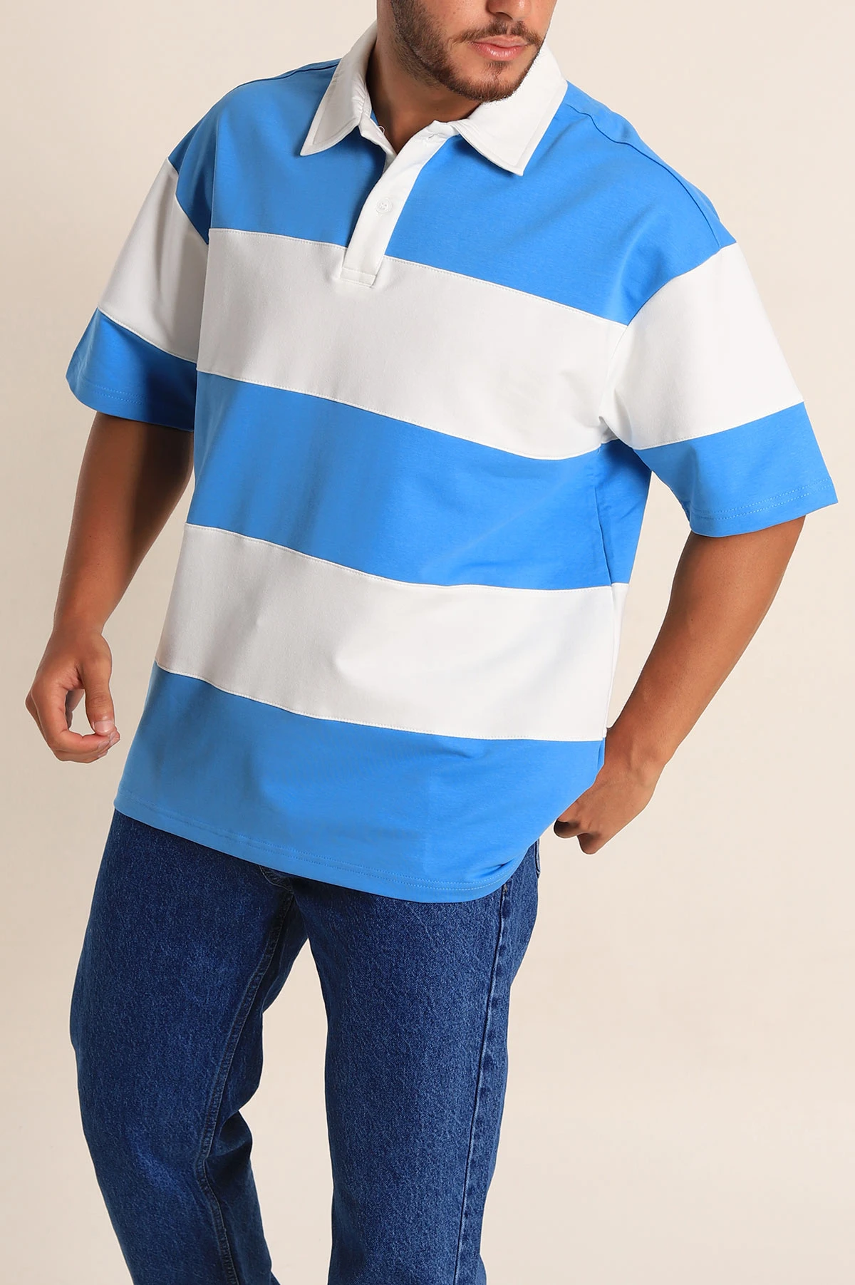 Mavi Beyaz Geniş Çizgili Oversize İki İp Polo Yaka Erkek Tişört 268910