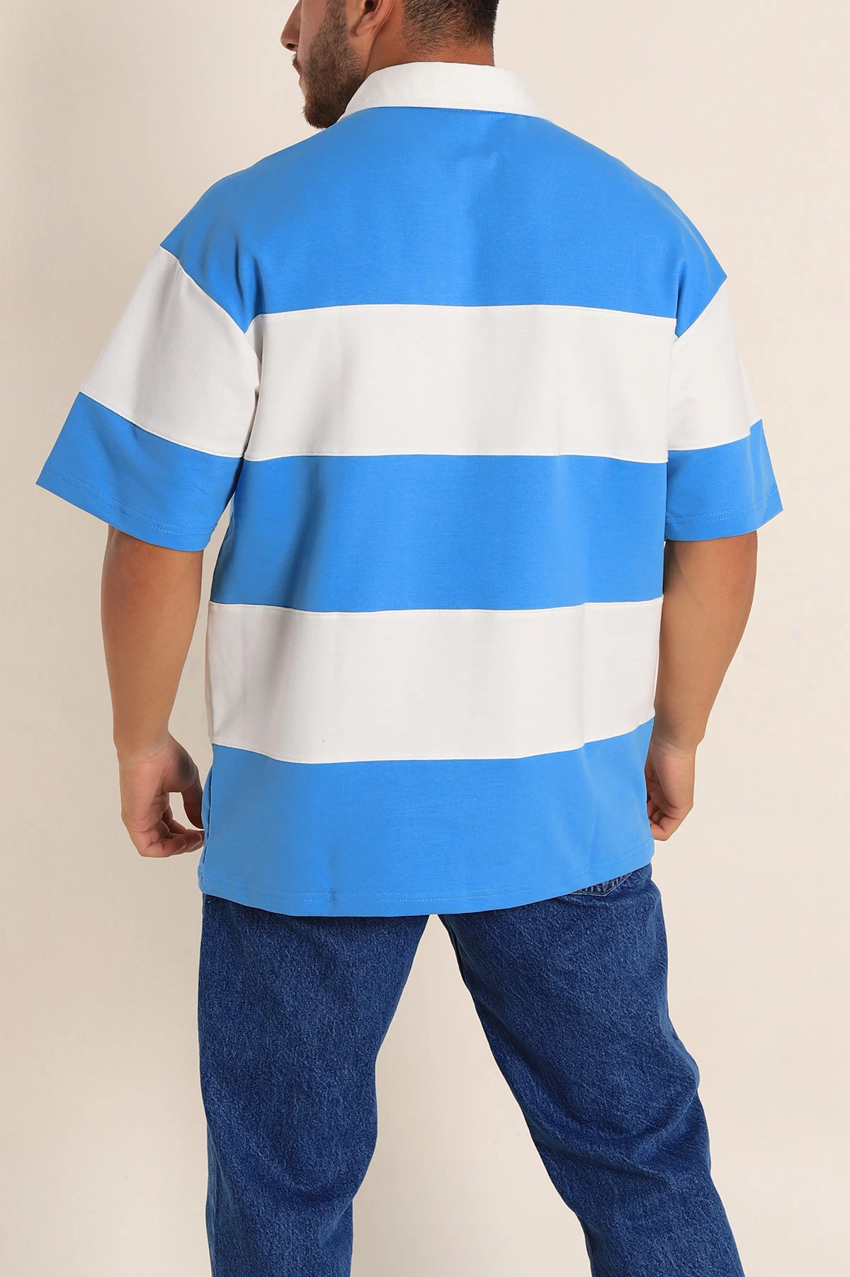 Mavi Beyaz Geniş Çizgili Oversize İki İp Polo Yaka Erkek Tişört 268910