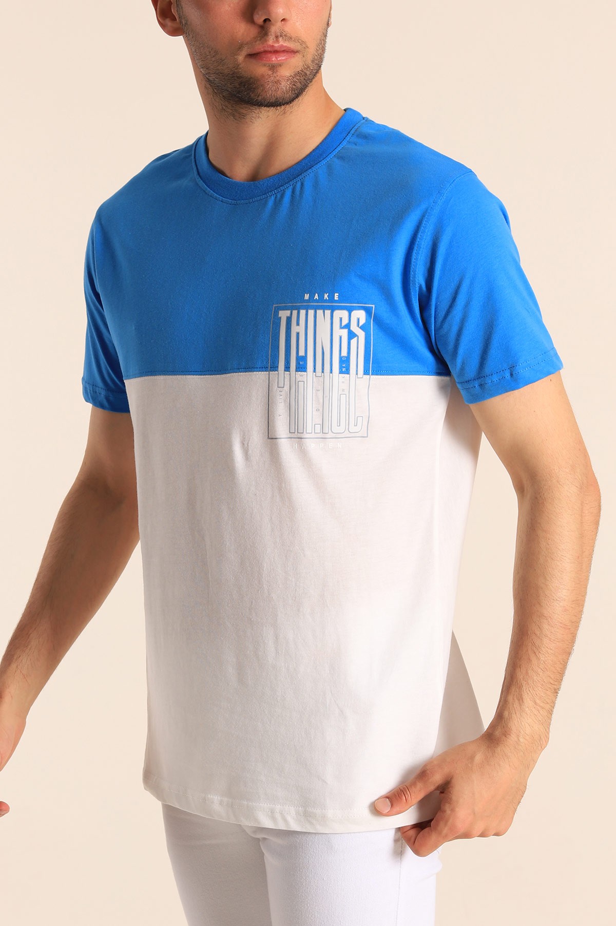 Mavi Beyaz Relaxed Fit Things Baskılı Çift Renk Tişört 182263