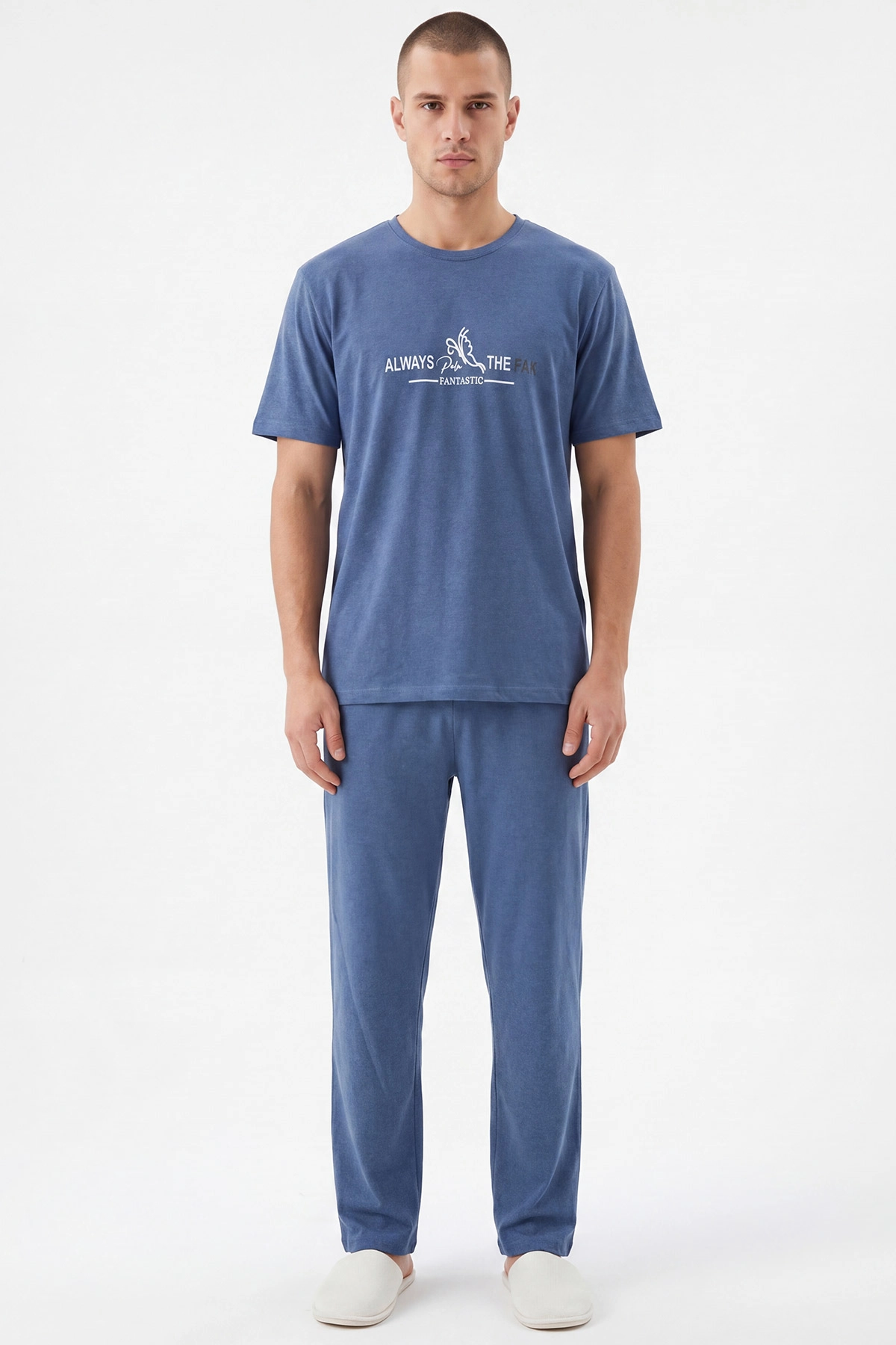 Mavi Bisiklet Yaka Yazı Detaylı Erkek Kısa Kollu Pijama Takımı 459142