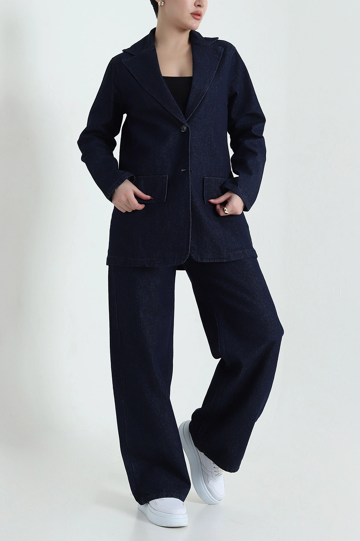 Mavi Blazer Ceket Pantolon Kadın Kot İkili Takım 436009