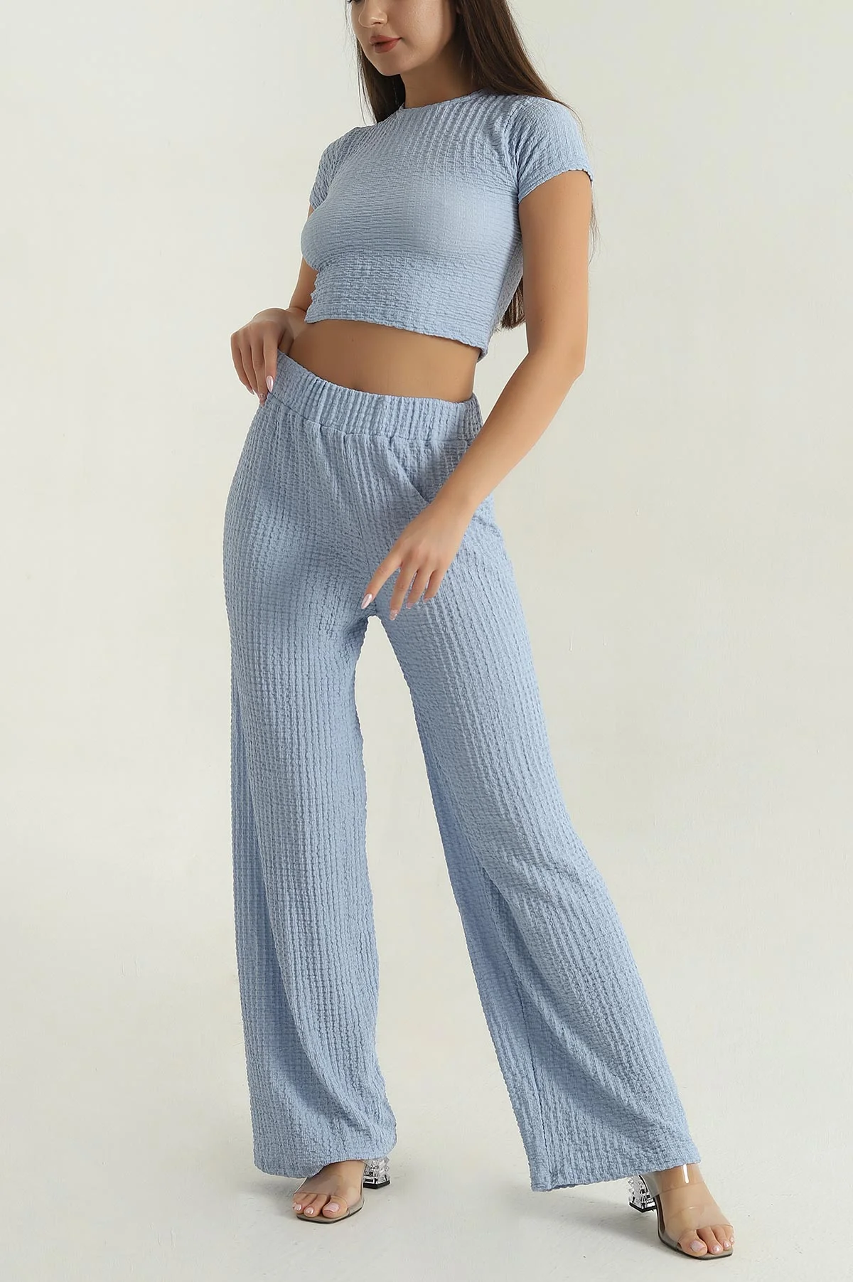 Mavi Bluz Pantolon Gofre Kadın İkili Takım 377537