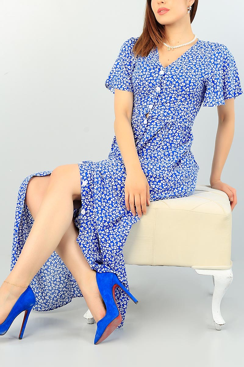 Mavi Boydan Düğmeli Bağlamalı Dokuma Elbise 69037