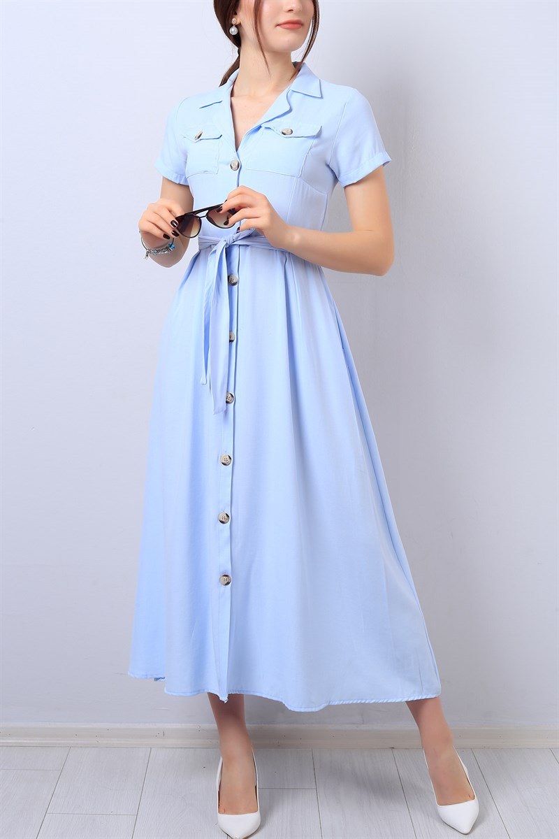 Mavi Boydan Düğmeli Kemerli Bayan Elbise 14176B
