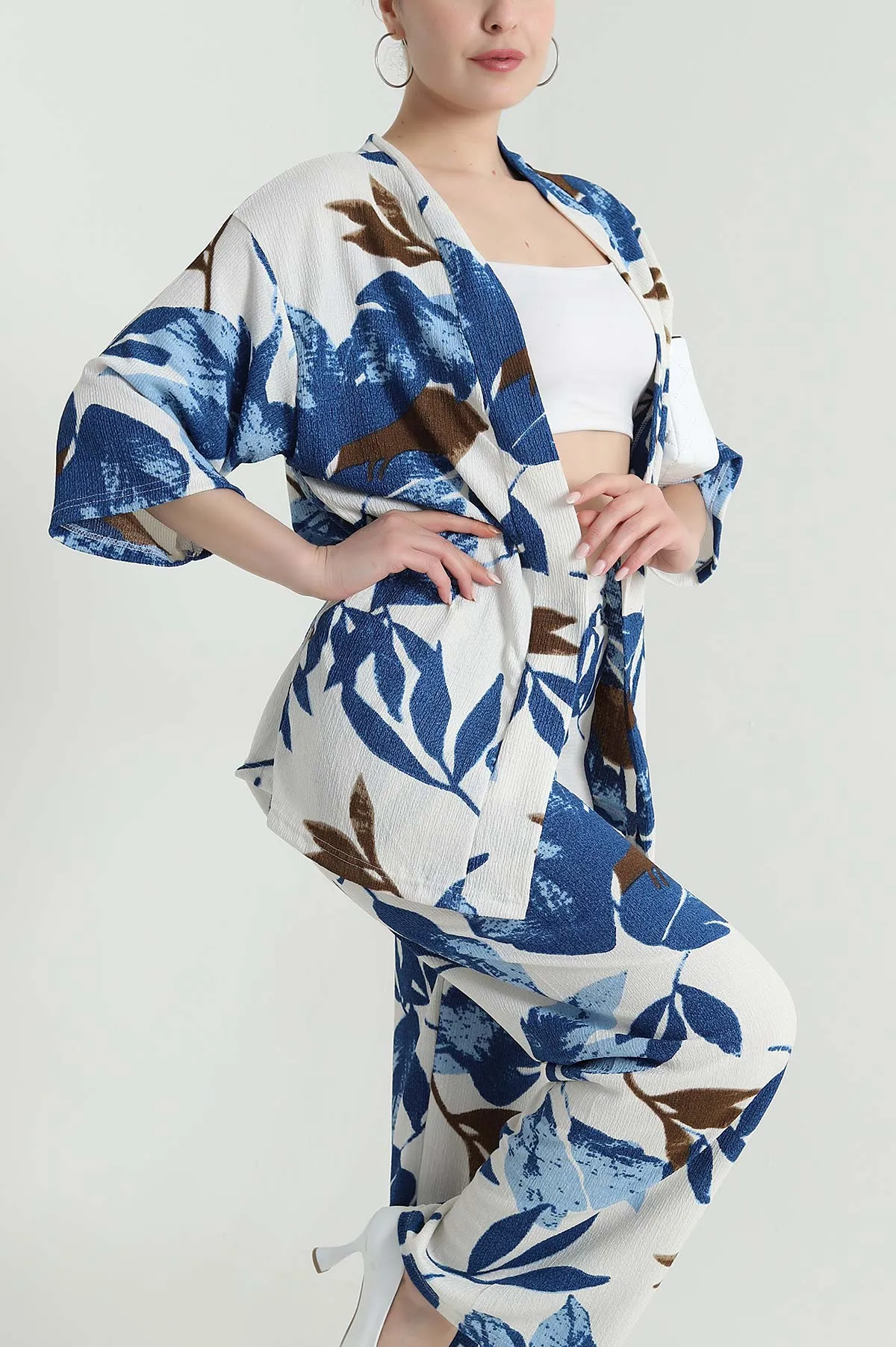 Mavi Bürümcük Kimono Kadın İkili Takım 473259