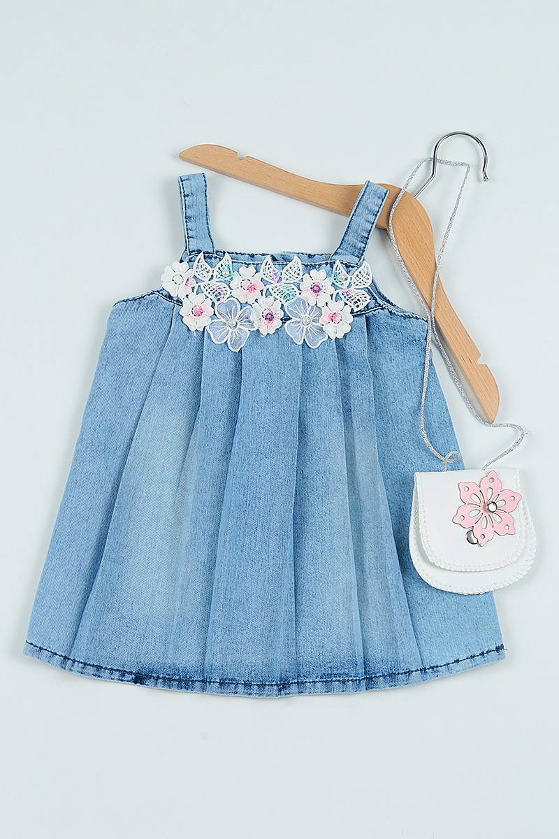 (6-24Ay)Mavi Çantalı Pileli Kız Çocuk Kot Elbise 101181