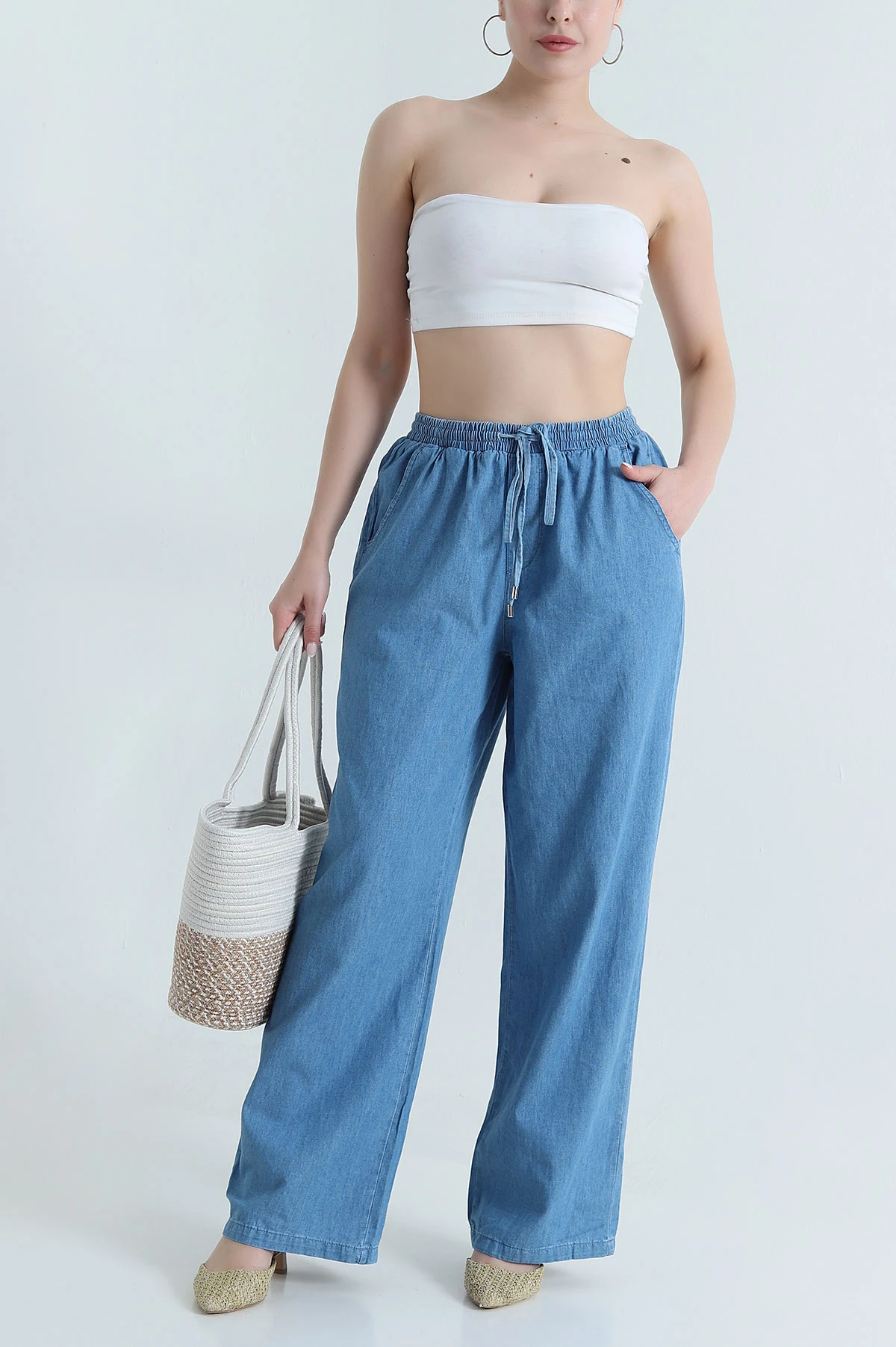 Mavi Cep Detay Bel Lastikli Kadın Tencel Kot Pantolon 473440