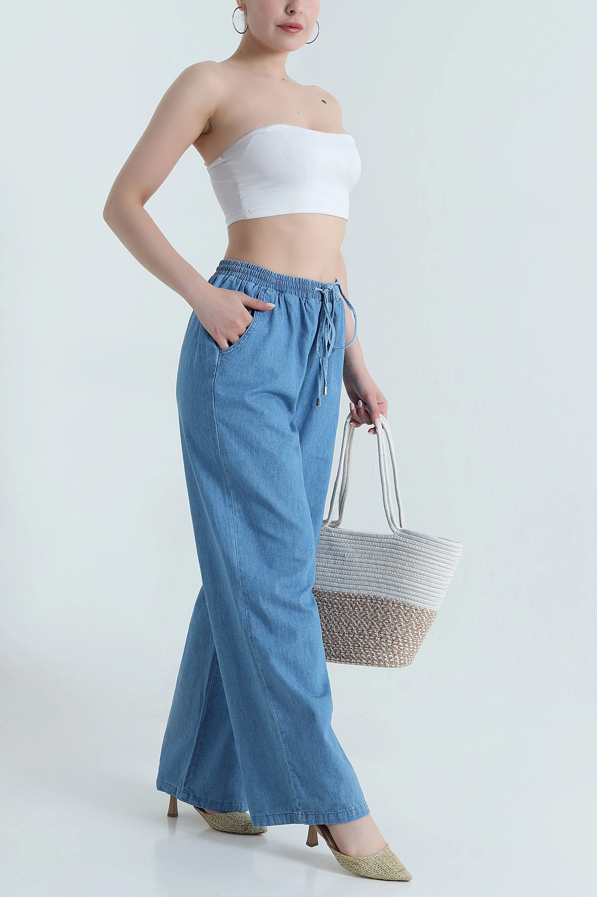 Mavi Cep Detay Bel Lastikli Kadın Tencel Kot Pantolon 473440