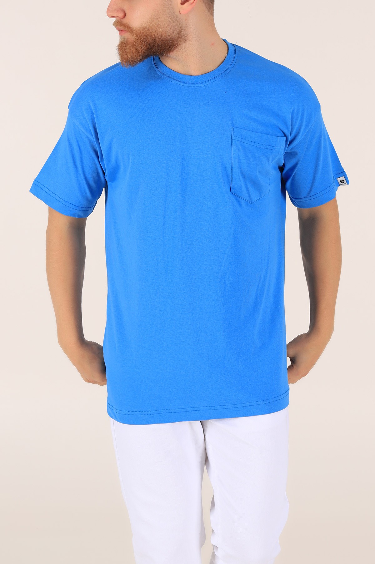 Mavi Cep Detaylı Yandan Yırtmaçlı Oversize Tişört 165217