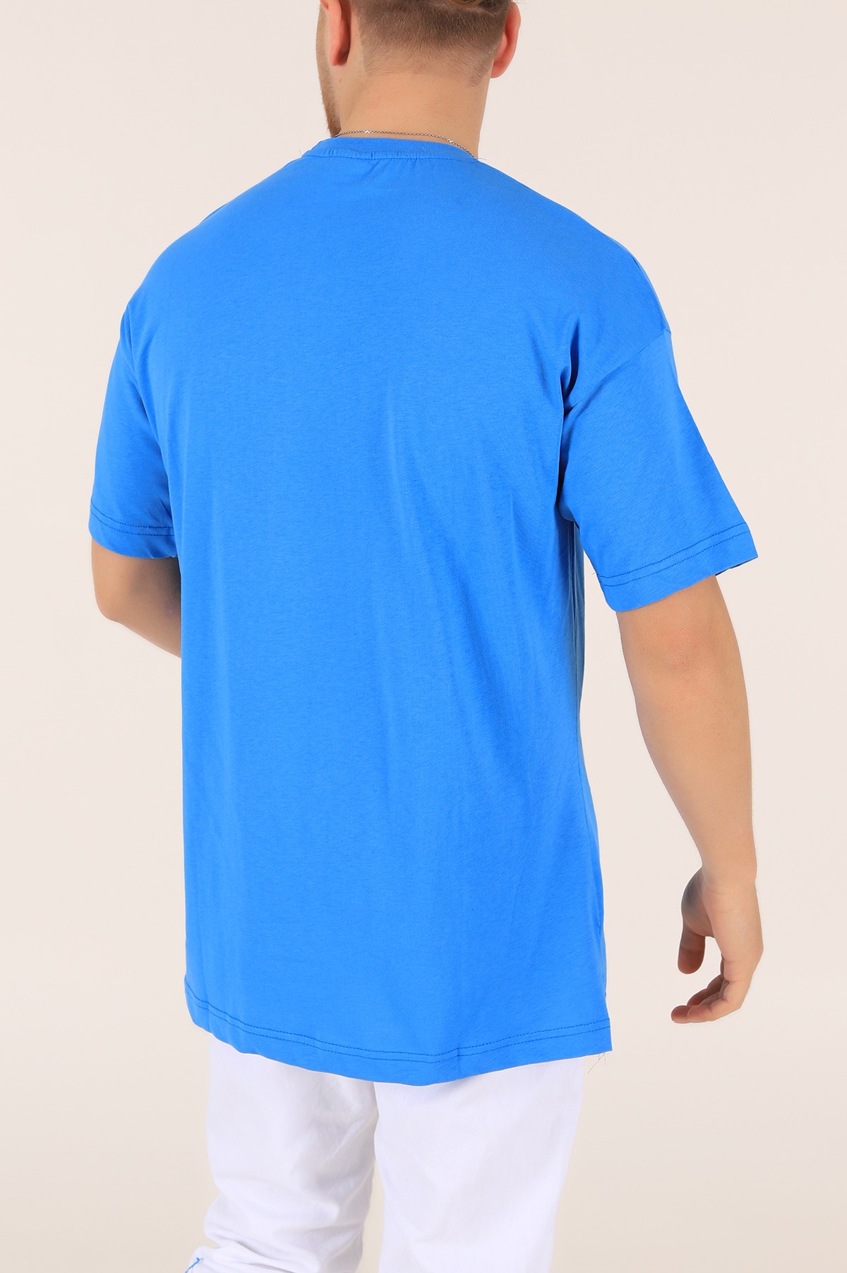 Mavi Cep Detaylı Yandan Yırtmaçlı Oversize Tişört 165217