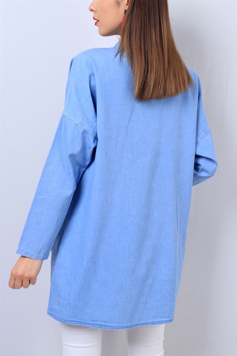 Mavi Cepli Bayan Salaş Kot Gömlek 14553B