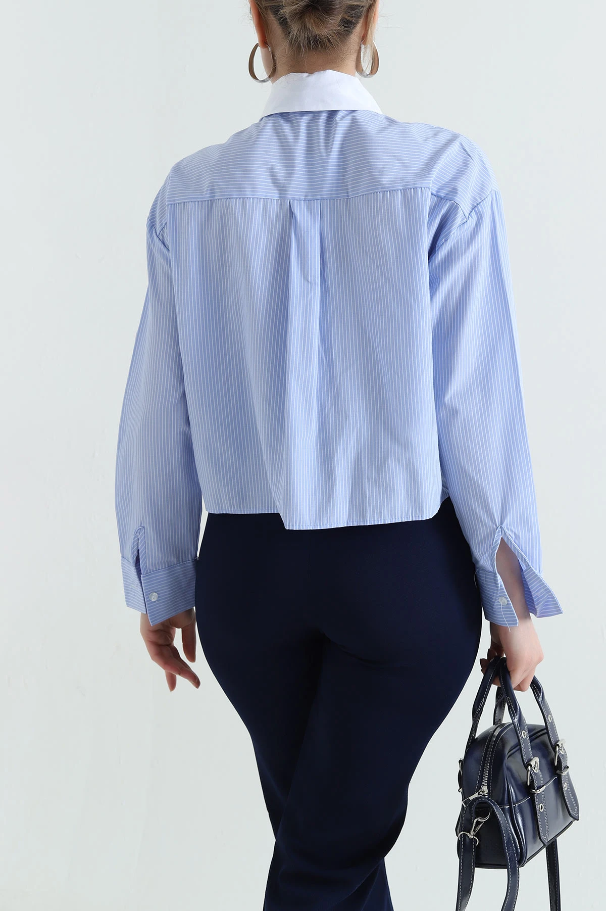 Mavi Cepli Çizgili Poplin Kadın Gömlek 434239