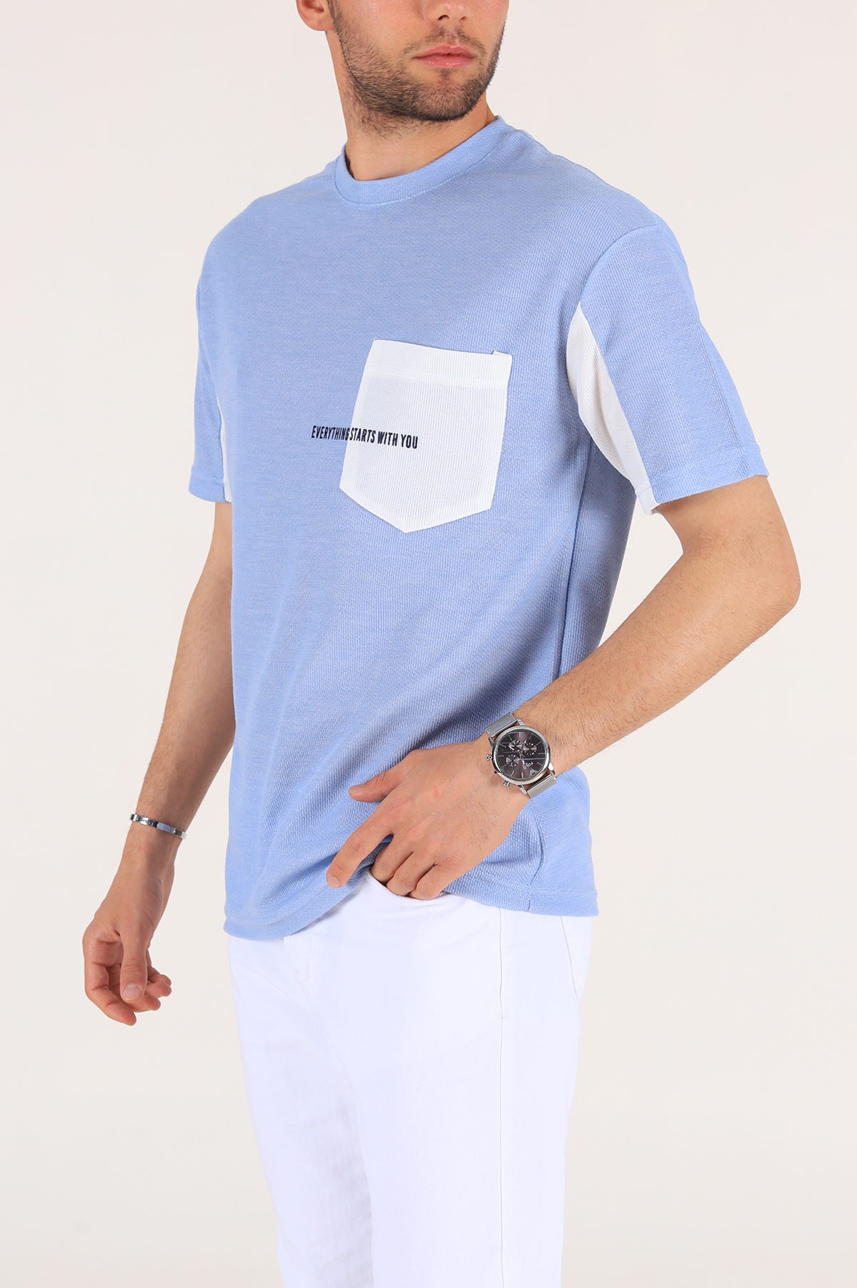 Mavi Cepli Dokulu Oversize Erkek Tişört 177455