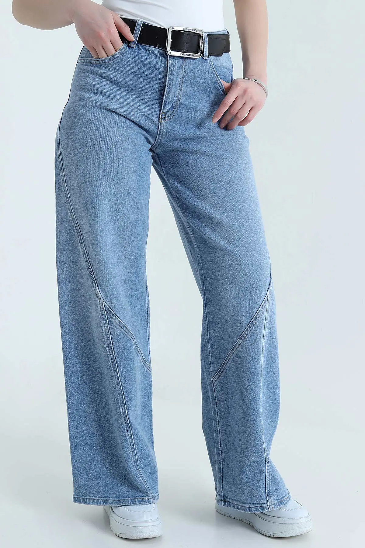 Mavi Cepli Kemerli Baggy Kadın Kot Pantolon 439850