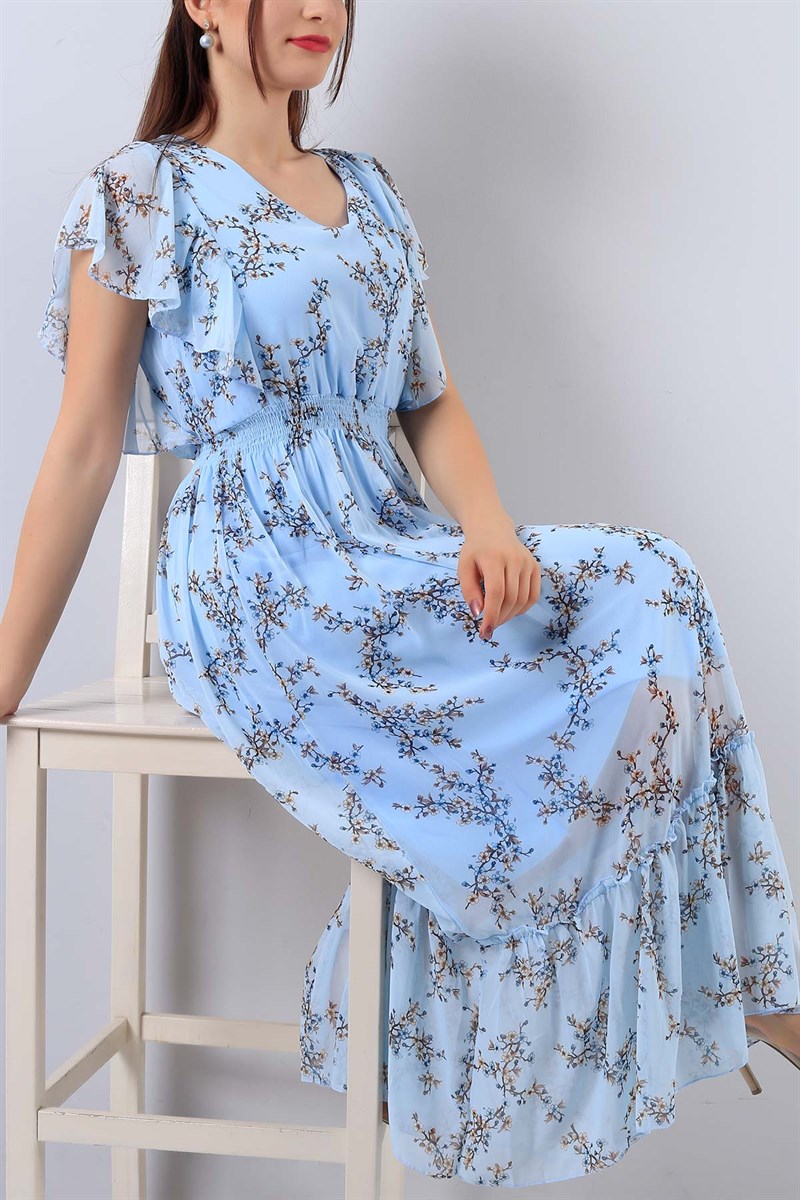 Mavi Çiçek Desenli Bayan Şifon Elbise 15792B