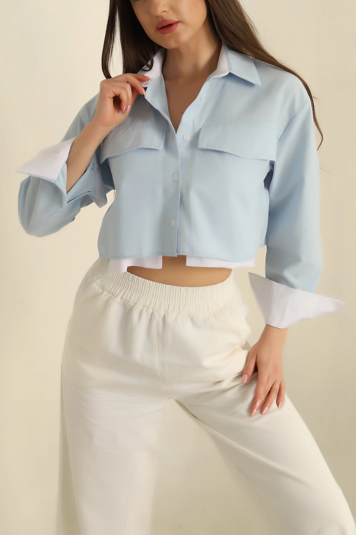 Mavi Çift Cepli Poplin Crop Gömlek 259796