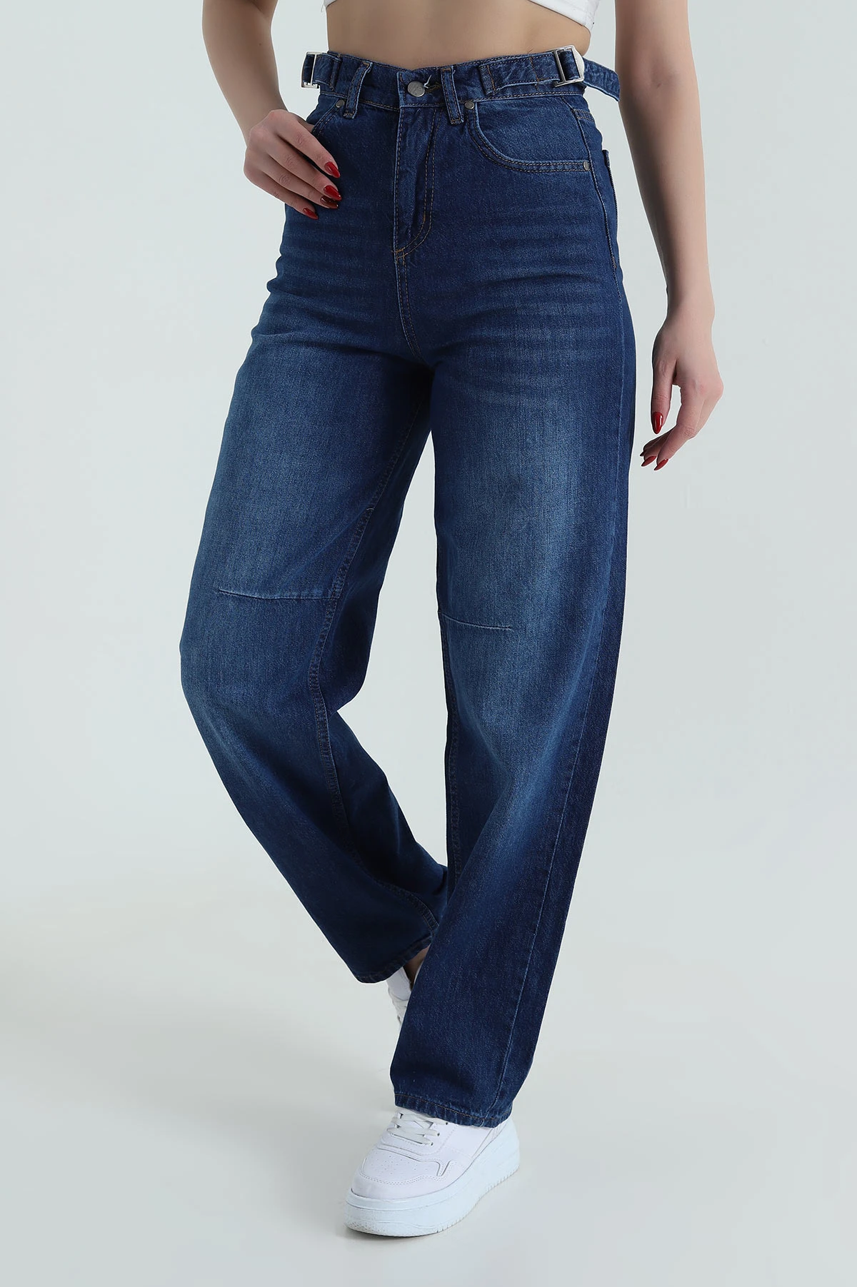 Mavi Çift Tokalı Baggy Kadın Kot Pantolon 427836