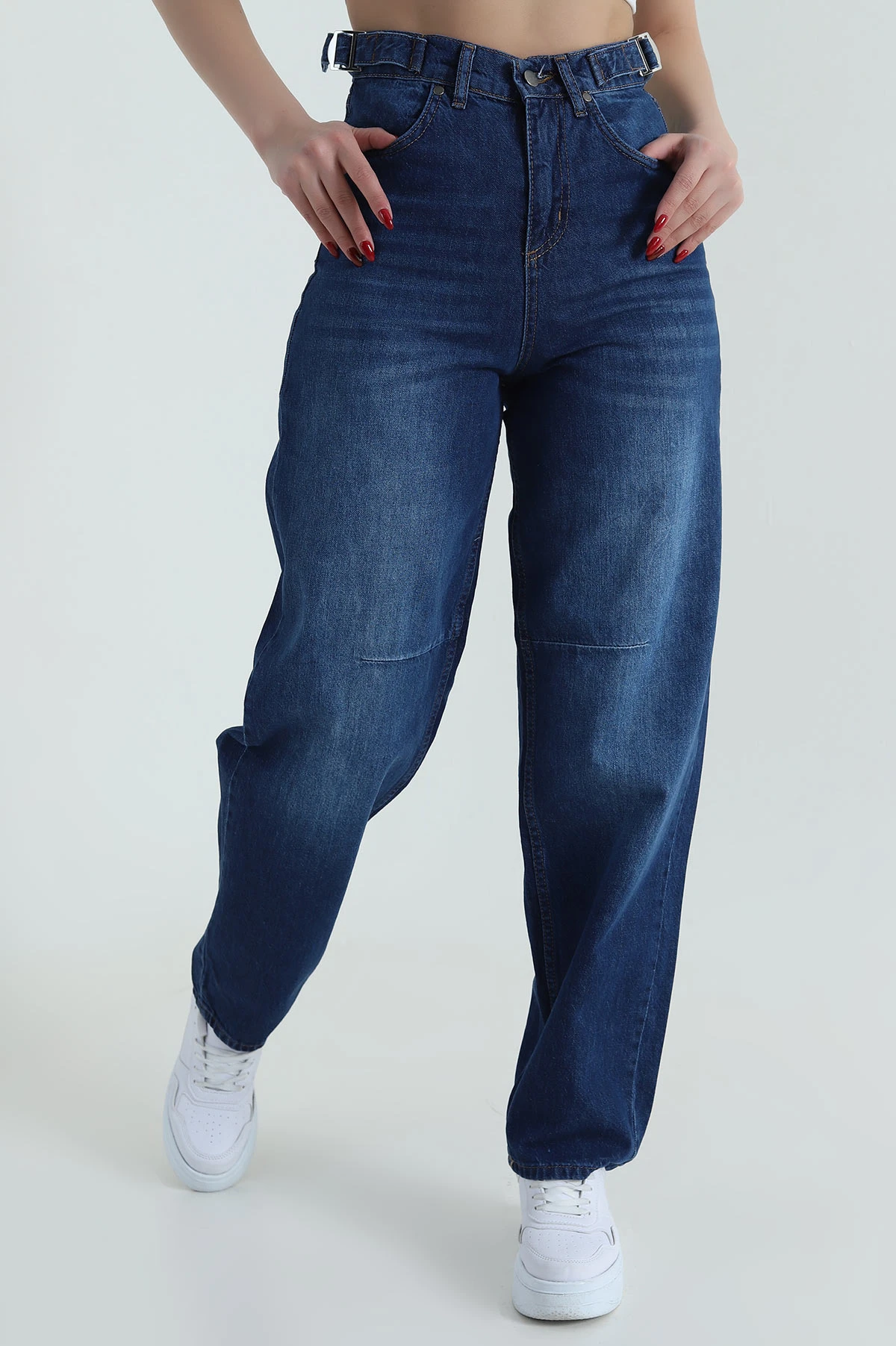 Mavi Çift Tokalı Baggy Kadın Kot Pantolon 427836