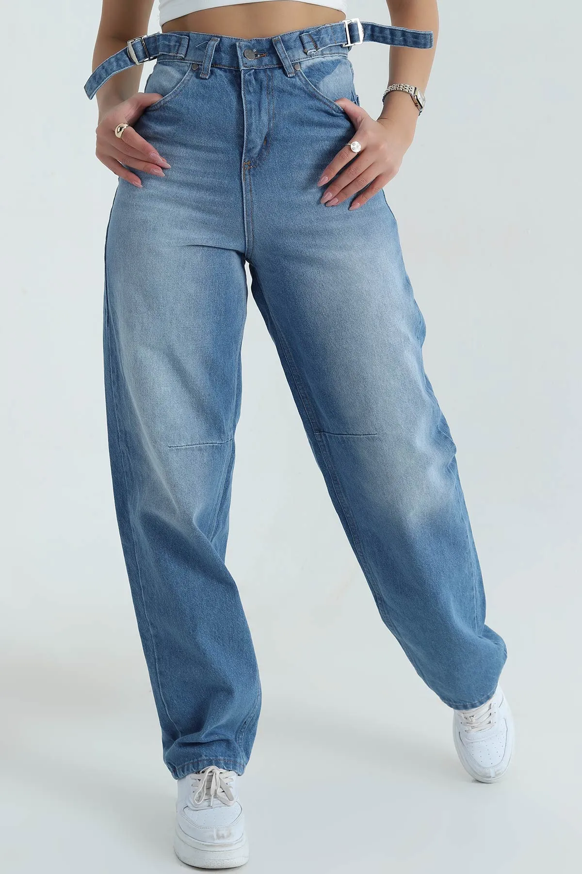 Mavi Çift Tokalı Cepli Baggy Kadın Kot Pantolon 402280