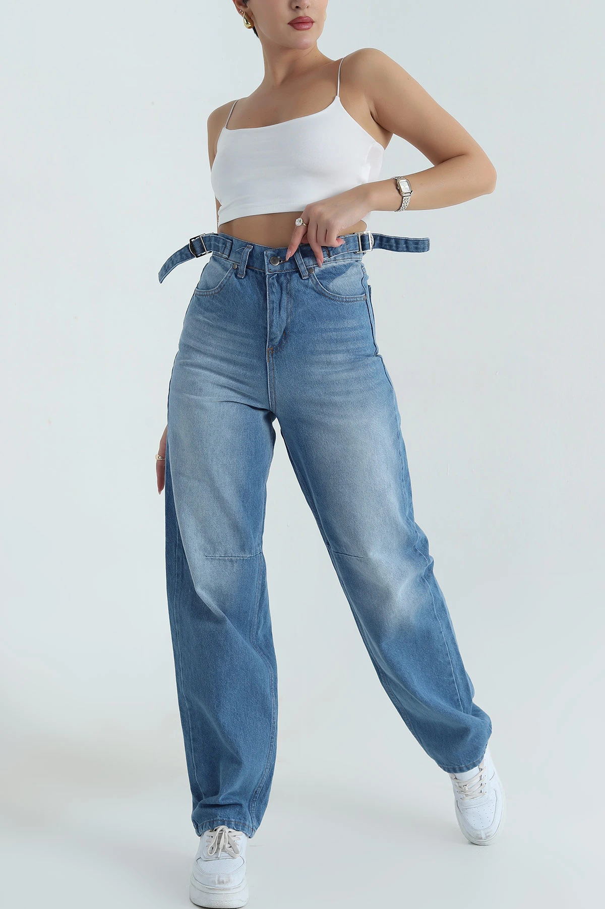 Mavi Çift Tokalı Cepli Baggy Kadın Kot Pantolon 402280