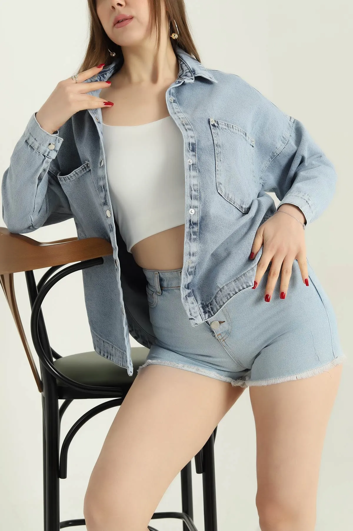 Mavi Çıt Çıtlı Çift Cep Bayan Kot Ceket 336763