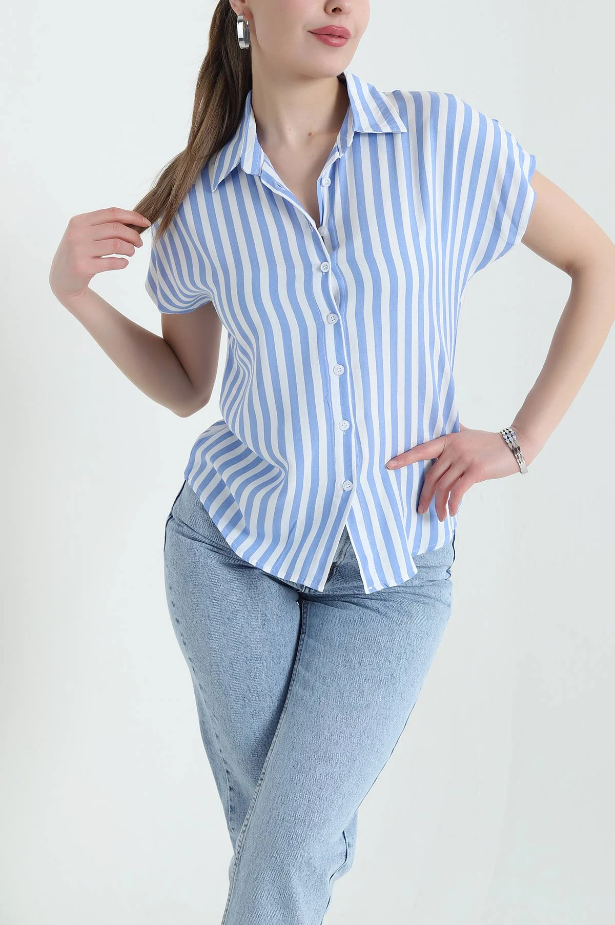 Mavi Çizgili Dokuma Viskon Kadın Gömlek 429960
