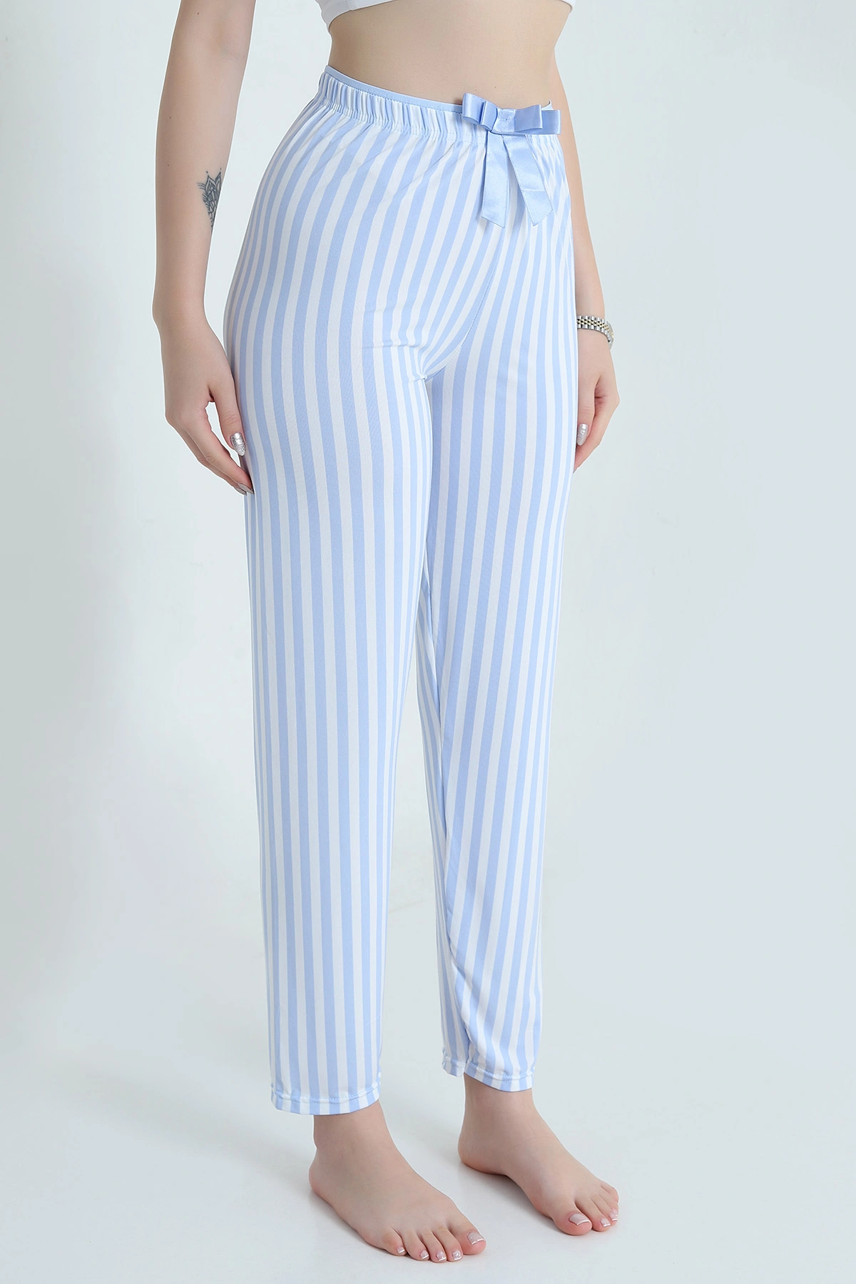 Mavi Çizgili Fiyonk Detaylı Kadın Pijama Altı 470755