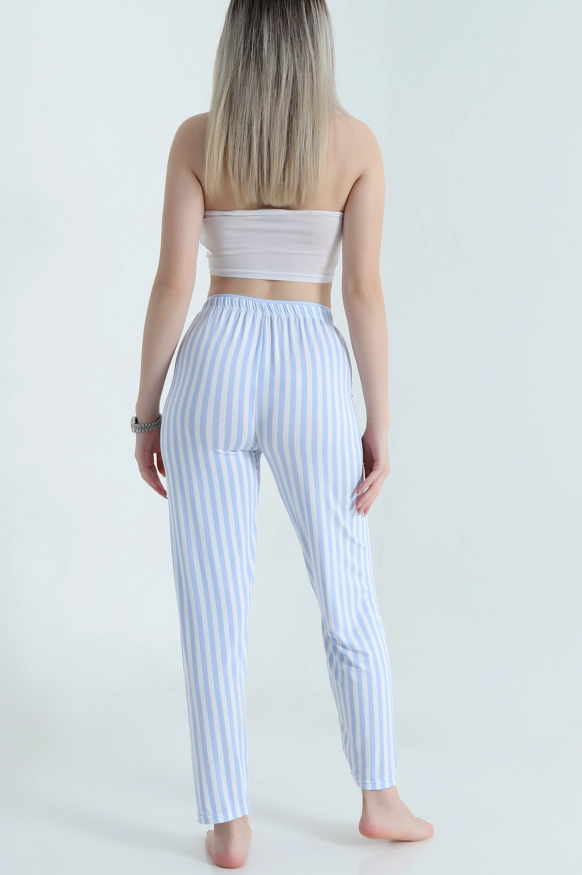 Mavi Çizgili Fiyonk Detaylı Kadın Pijama Altı 470755