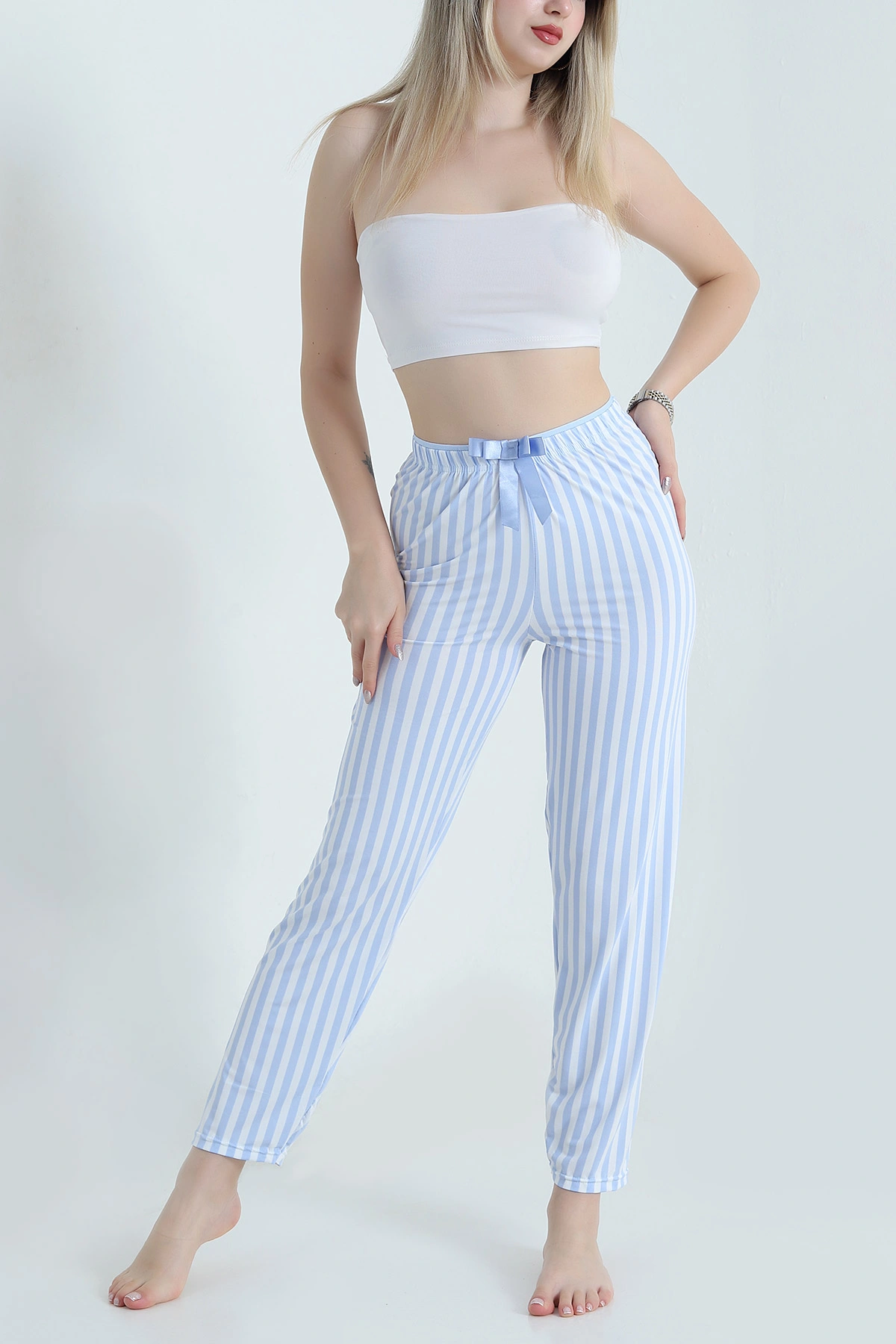 Mavi Çizgili Fiyonk Detaylı Kadın Pijama Altı 470755