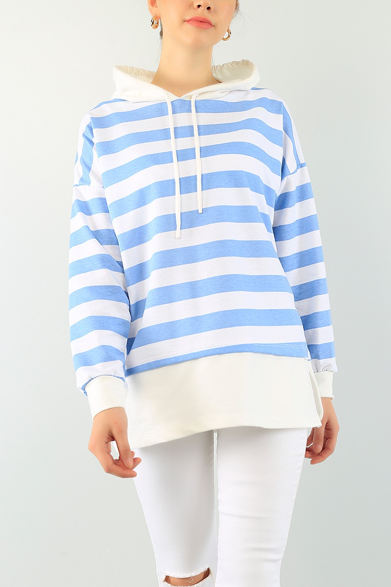 Mavi Çizgili Kapüşonlu Bayan Sweat Tunik 74848