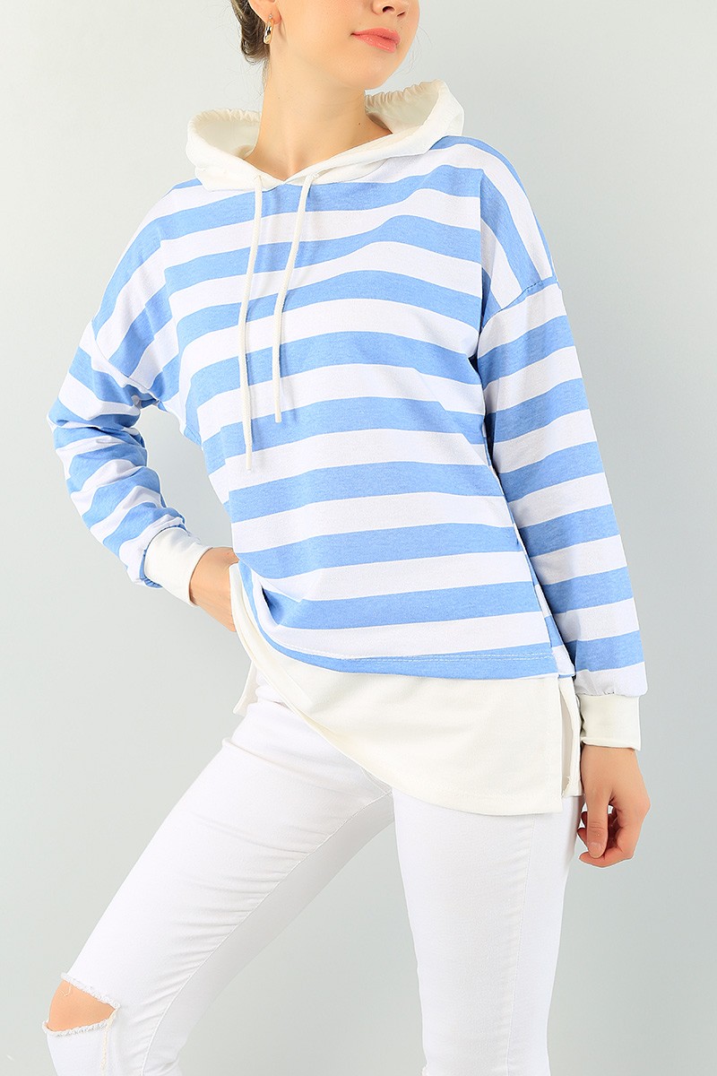 Mavi Çizgili Kapüşonlu Bayan Sweat Tunik 74848