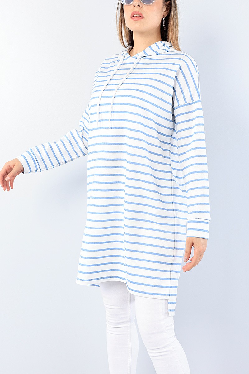 Mavi Çizgili Kapüşonlu Tunik 75156