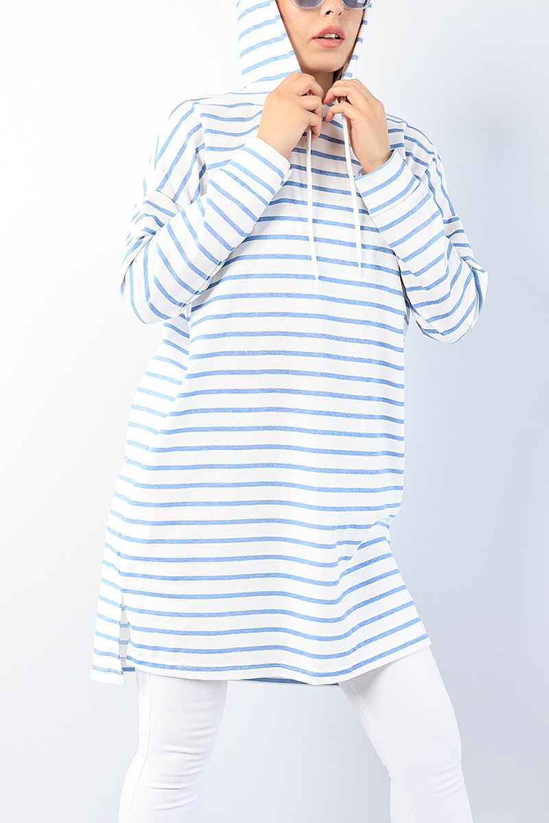 Mavi Çizgili Kapüşonlu Tunik 75156