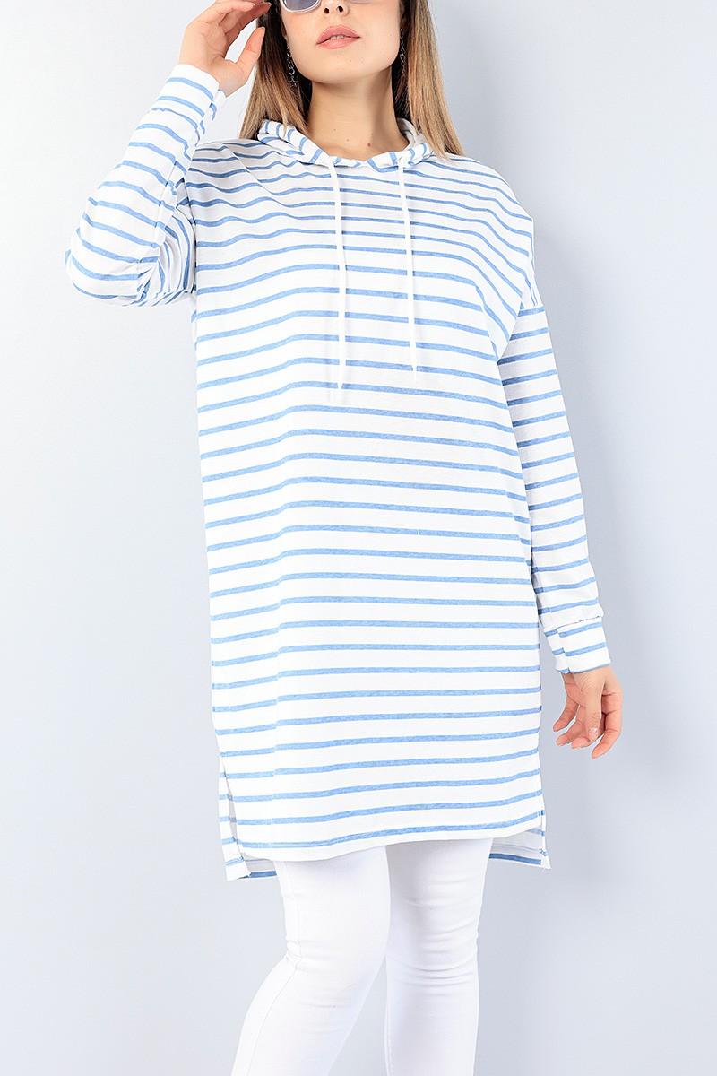 Mavi Çizgili Kapüşonlu Tunik 75156