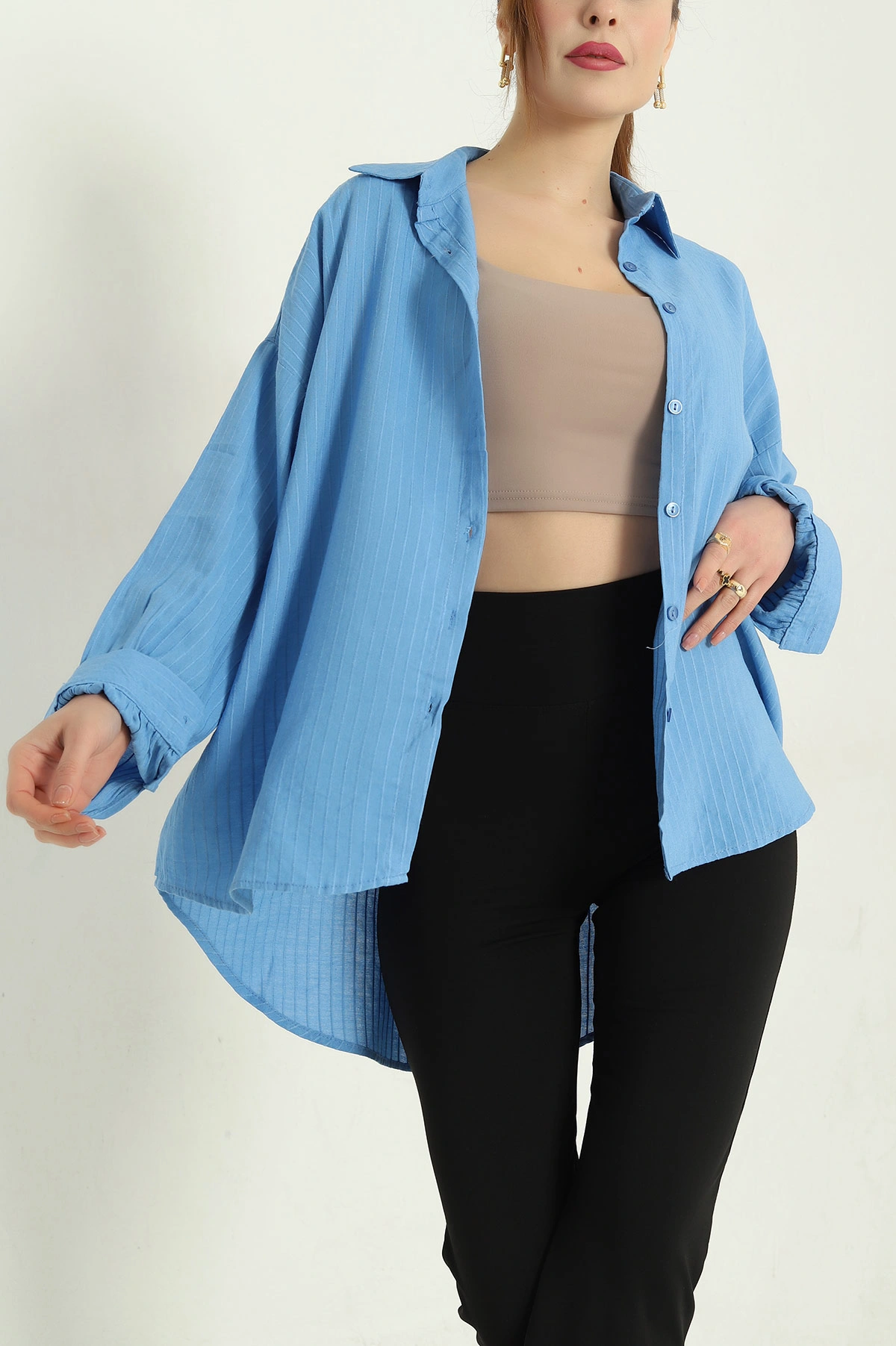 Mavi Çizgili Oversize Bayan Keten Gömlek 336985