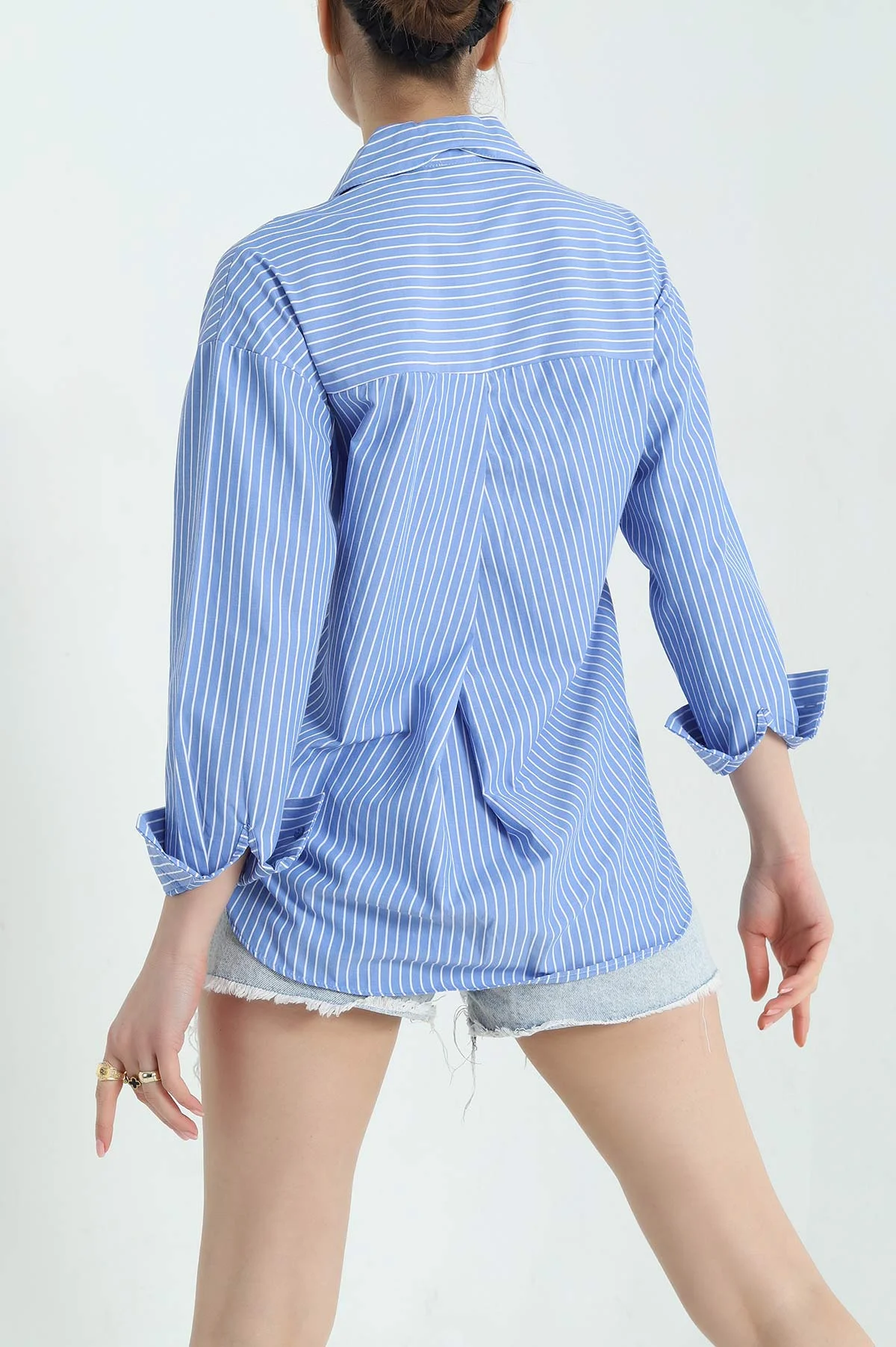 Mavi Çizgili Oversize Poplin Kumaş Gömlek 336468