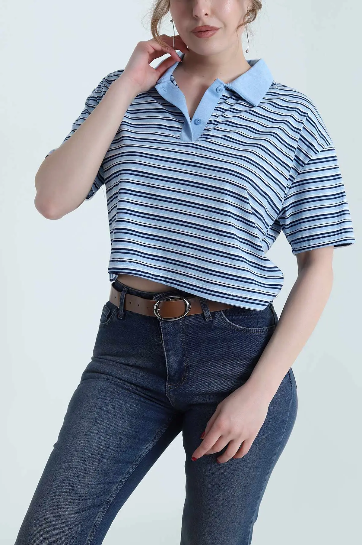 Mavi Çizgili Polo Yaka Kadın Bluz 459422