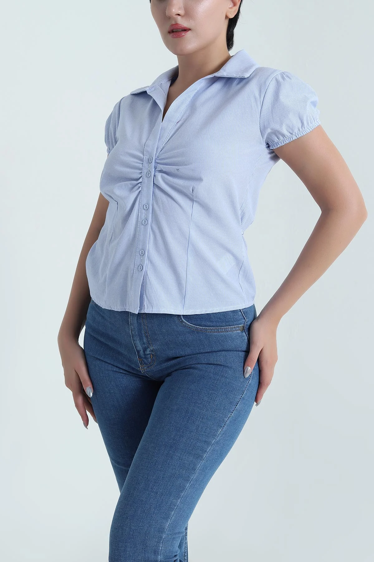 Mavi Çizgili Poplin Kadın Gömlek 481005