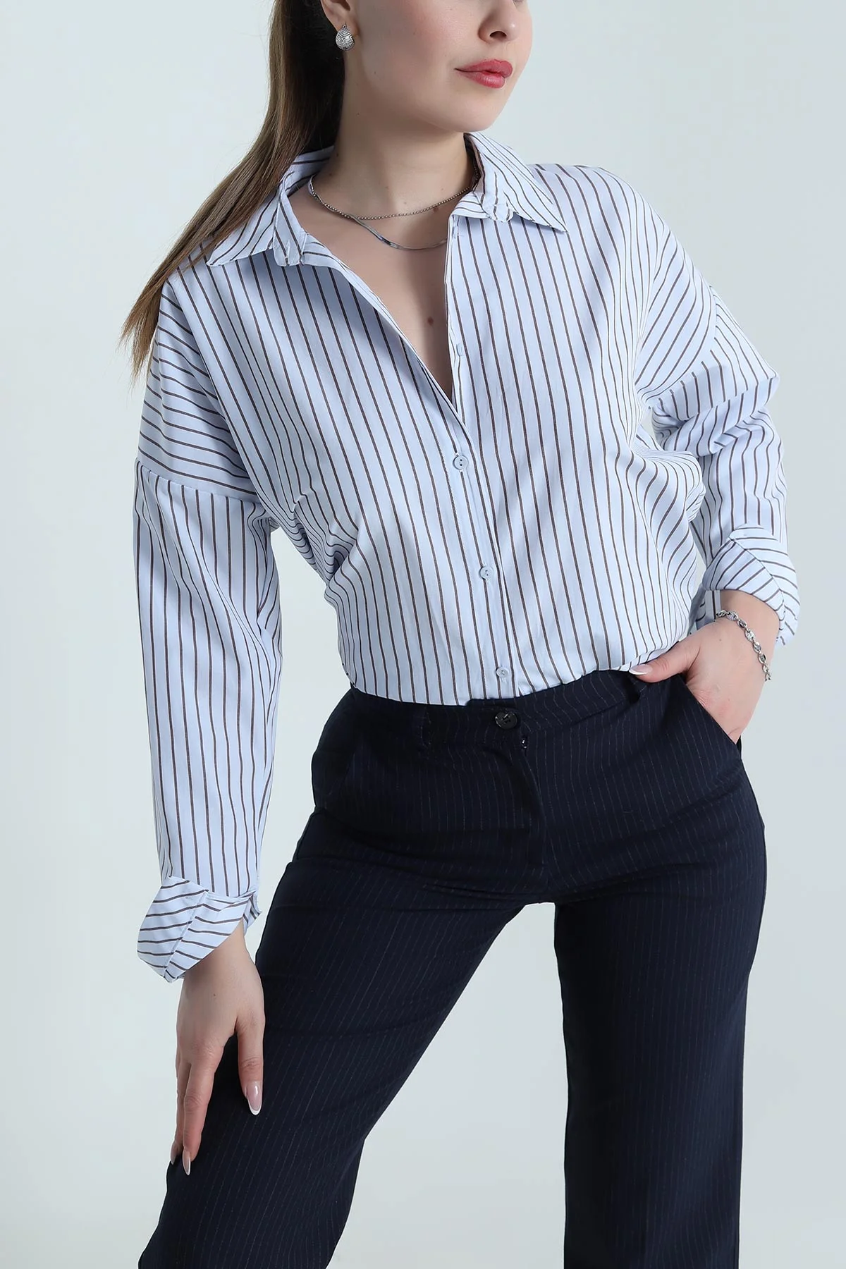 Mavi Çizgili Salaş Poplin Kadın Gömlek 489858