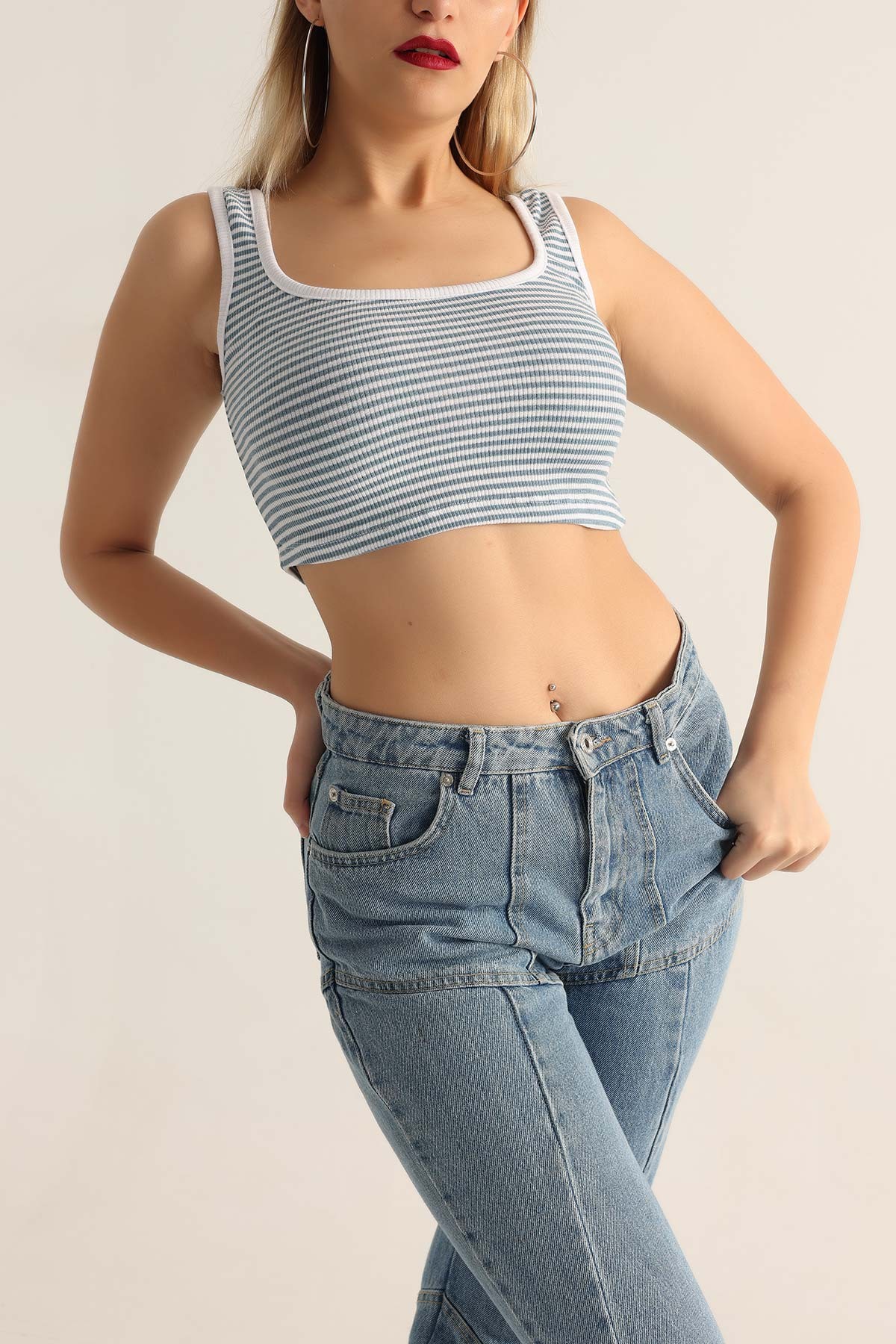 Mavi Çizgili Tasarım Crop Üst 178138