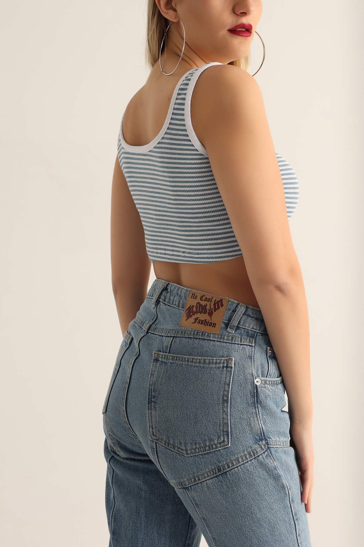 Mavi Çizgili Tasarım Crop Üst 178138