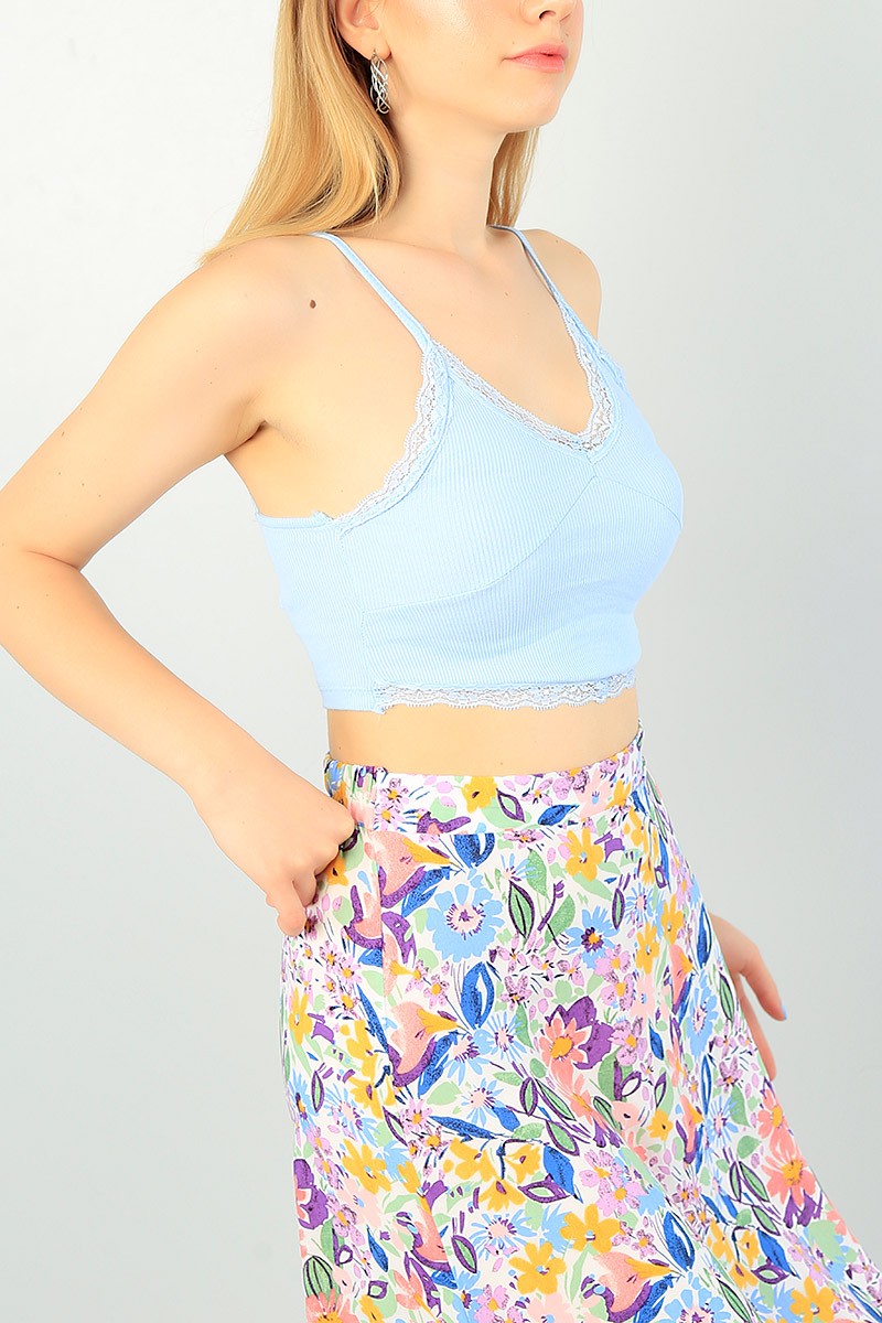 Mavi Dantelli Tasarım Fitilli Crop Atlet 72814