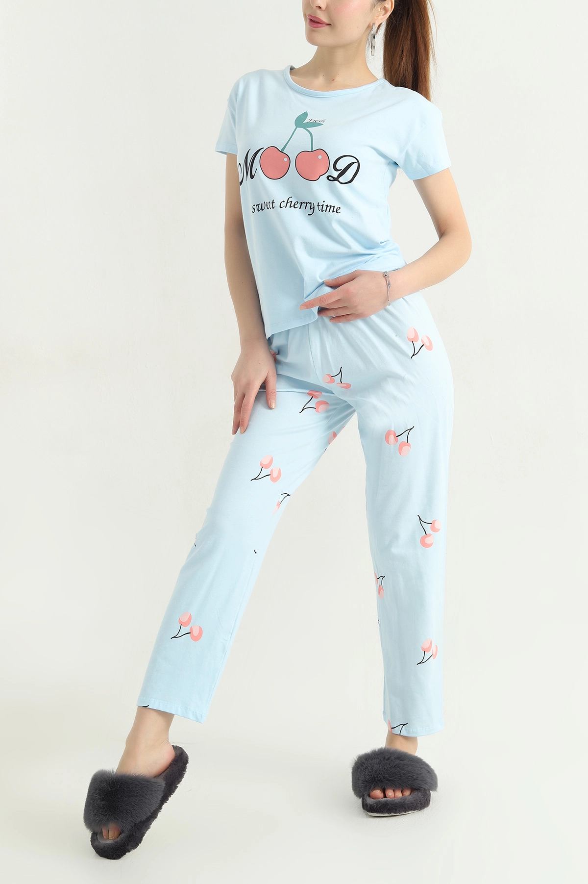 Mavi Desenli Penye Kadın Pijama Takımı 341720