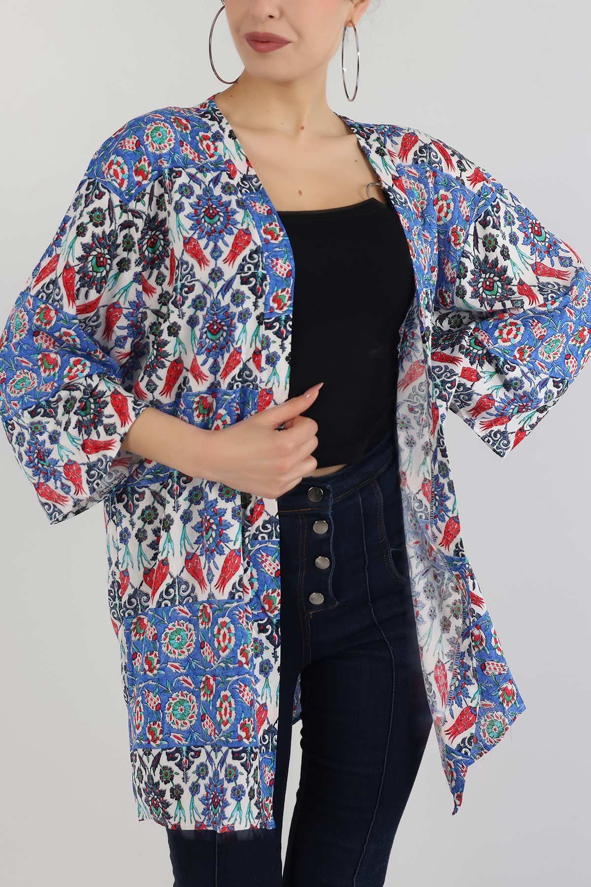 Mavi Desenli Dokuma Viskon Kimono 162929